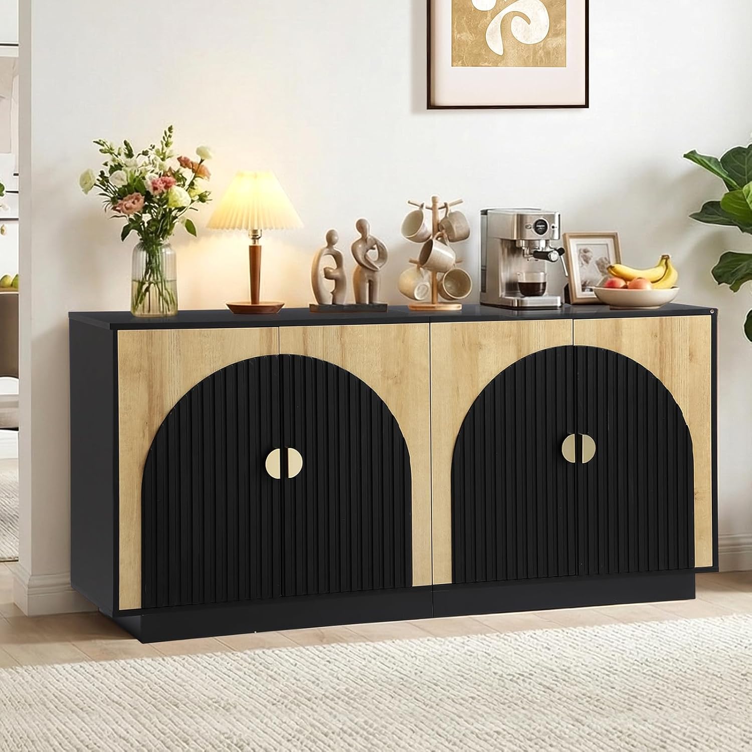 Grepatio 65" Fluted Sideboard Buffet Cabinet with Storage, Sideboard Storage Cabinets with Adjustable Shelves, Buffet Cabinets with Double Arch Doors, Console Credenza for Living Room (Black)
