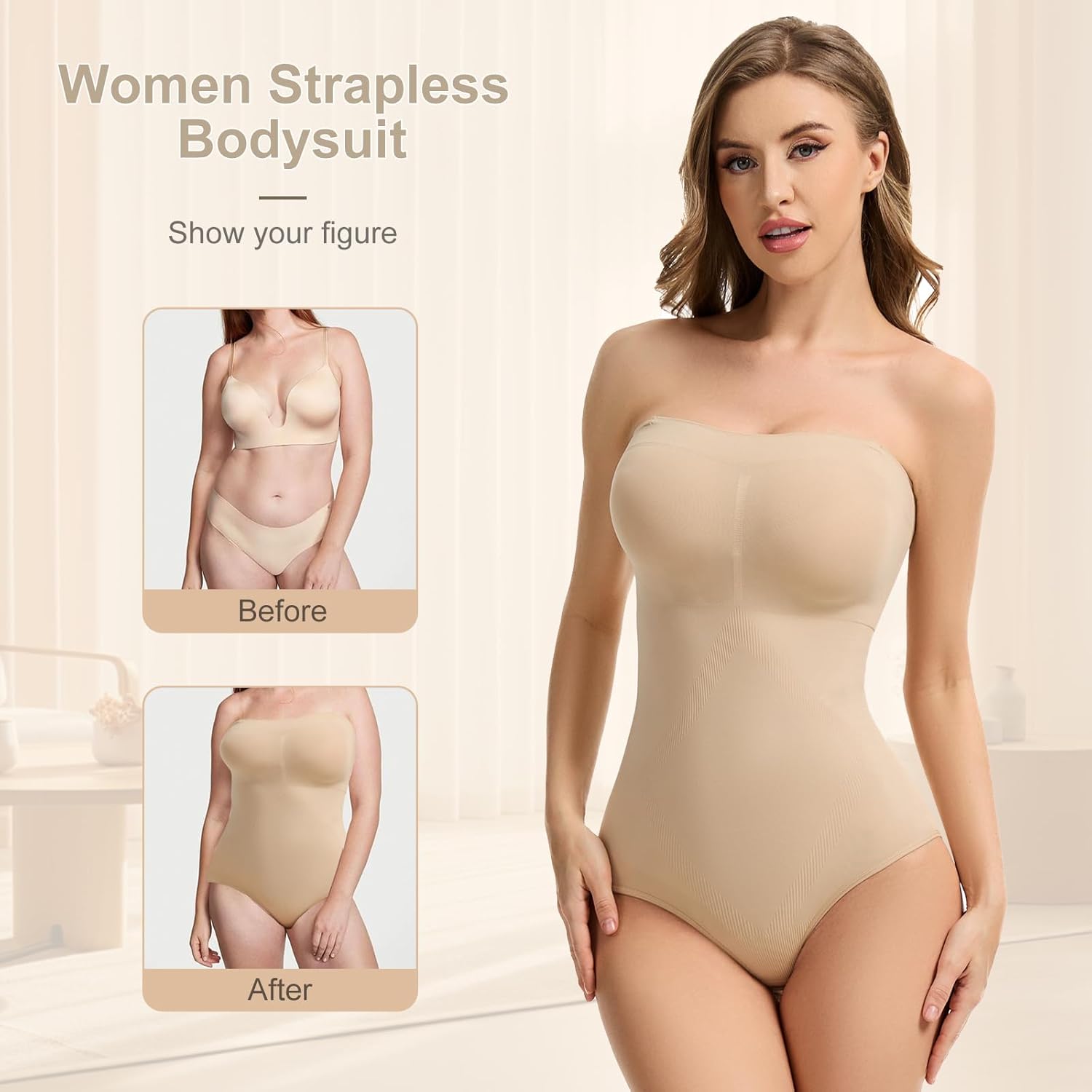 Strapless Shapewear Bodysuit for Women Tummy Control Bodysuit Seamless Full Body Shaper with Removable Straps - Image 4
