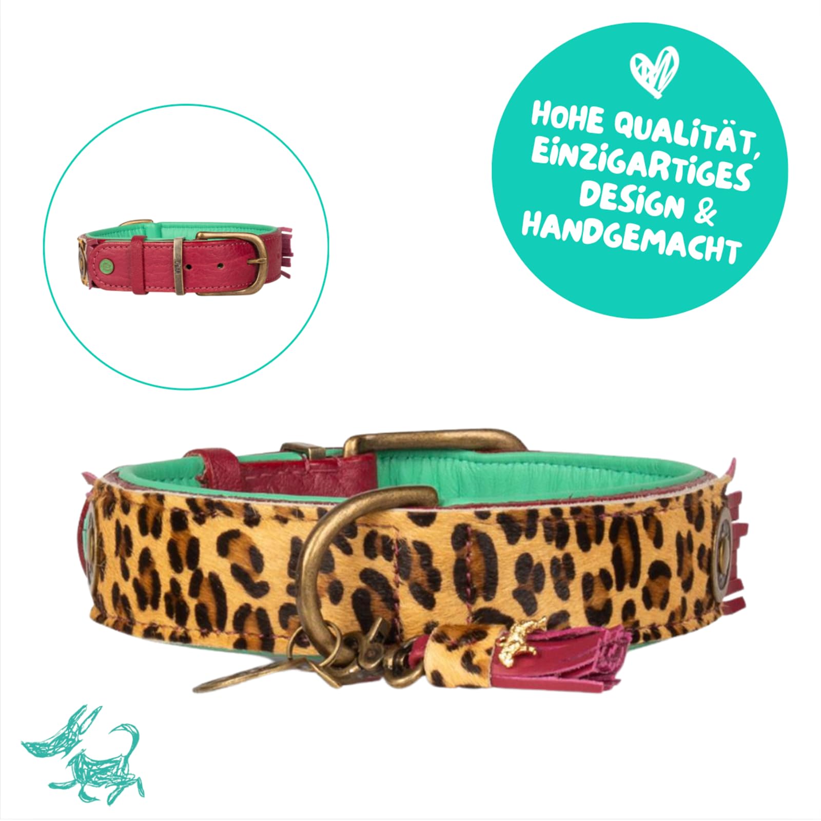 Dog with a Mission - Hundehalsband XL | Leopard, Türkis, Braun | Boho, Ethno, Urban, Hippie | Ideal für extra große Hunde | Handgemacht, Bunt und Modisch Design, Luxe | 4 cm Breit