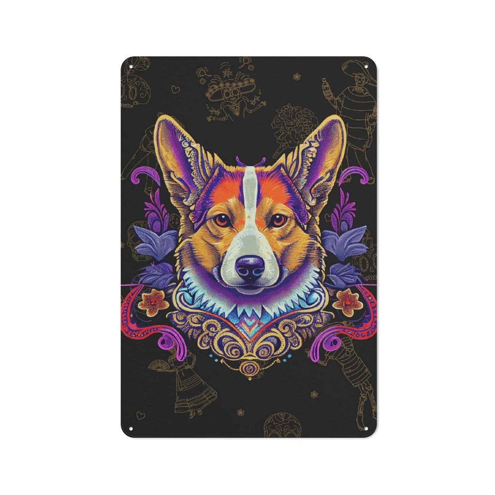 Junmoney Style-6 Metal Plaque With Day Of The Dead Corgi Art Design 30X20cm, Cosy Diner Style Decor For Coffee Bar, Kitchen, Bistro Or Tea Corner