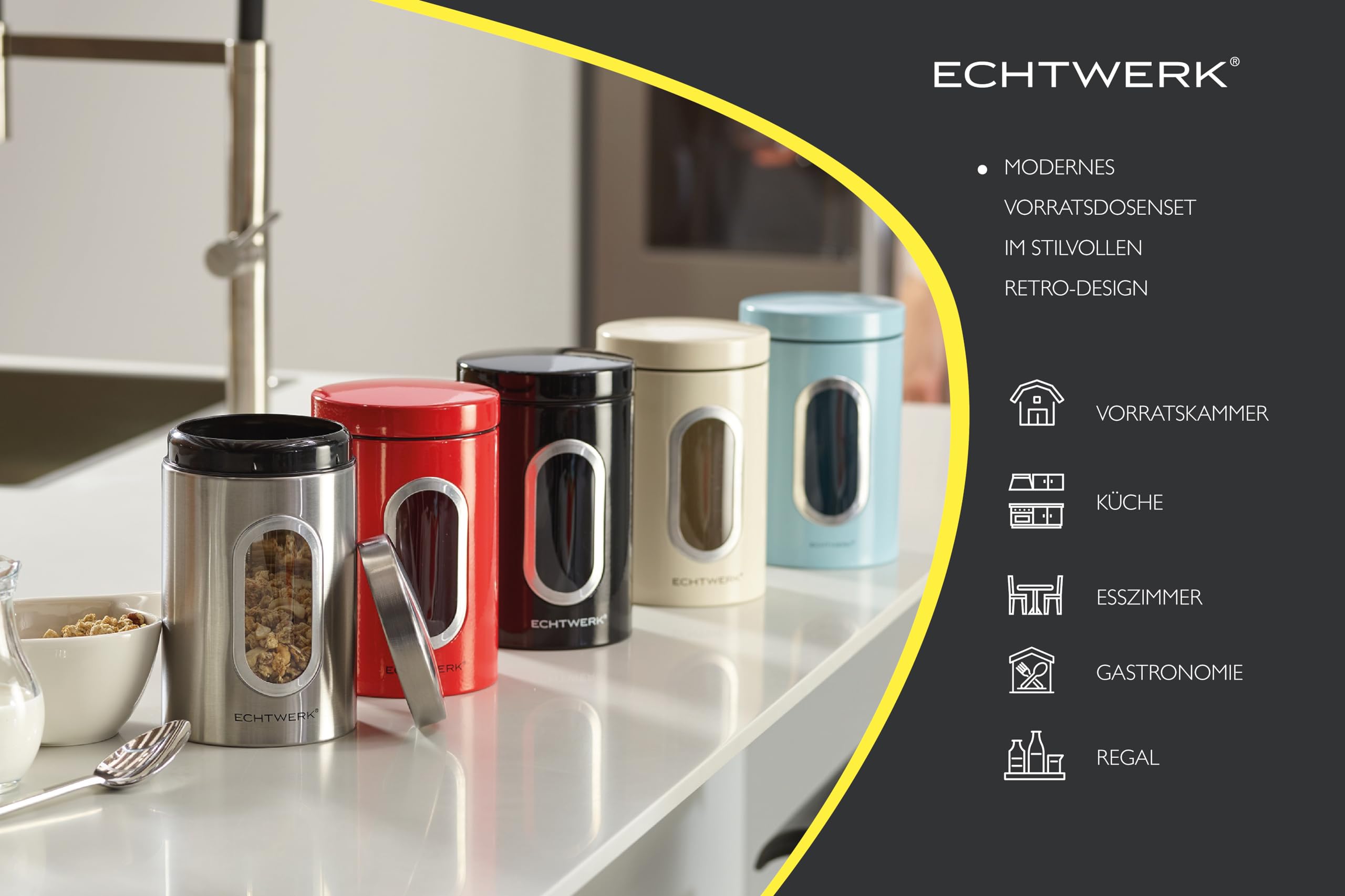 ECHTWERK Boîtes de conservation en métal avec fenêtre et couvercle hermétique, lot de 4 pièces, boîtes alimentaires pour farine sucre thé café, rouge