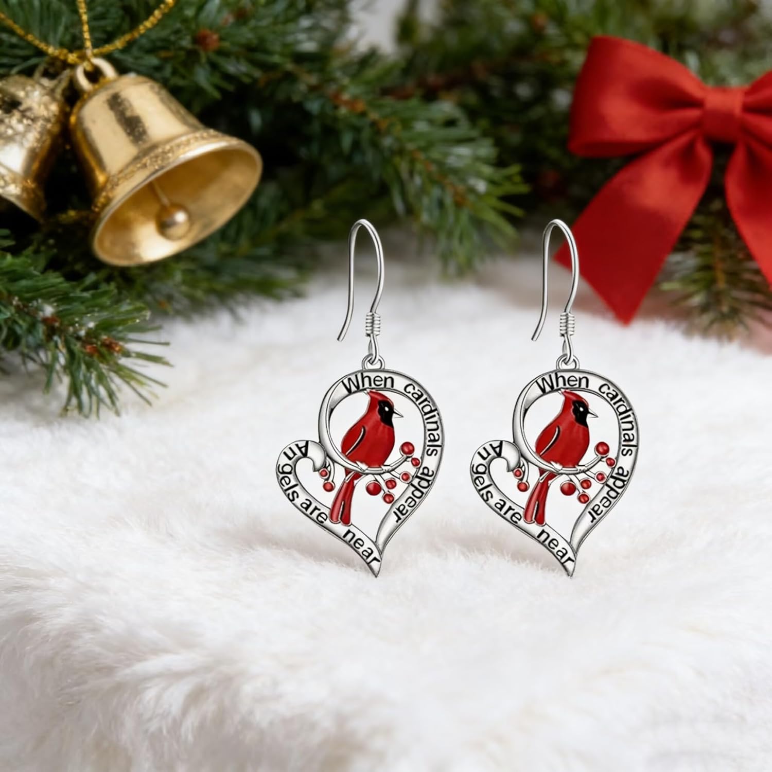 Cardinal Red Bird Dangle Drop Earrings for Women Dainty Bird Heart Fish Hook Earrings Memorial Jewelry - Image 2