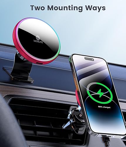 Miniatura 8 de MOKPR Magsafe Cargador de montaje para automóvil, cargador de coche inalámbrico, soporte magnético para teléfono de coche para Dash Air Vent-LED RGB