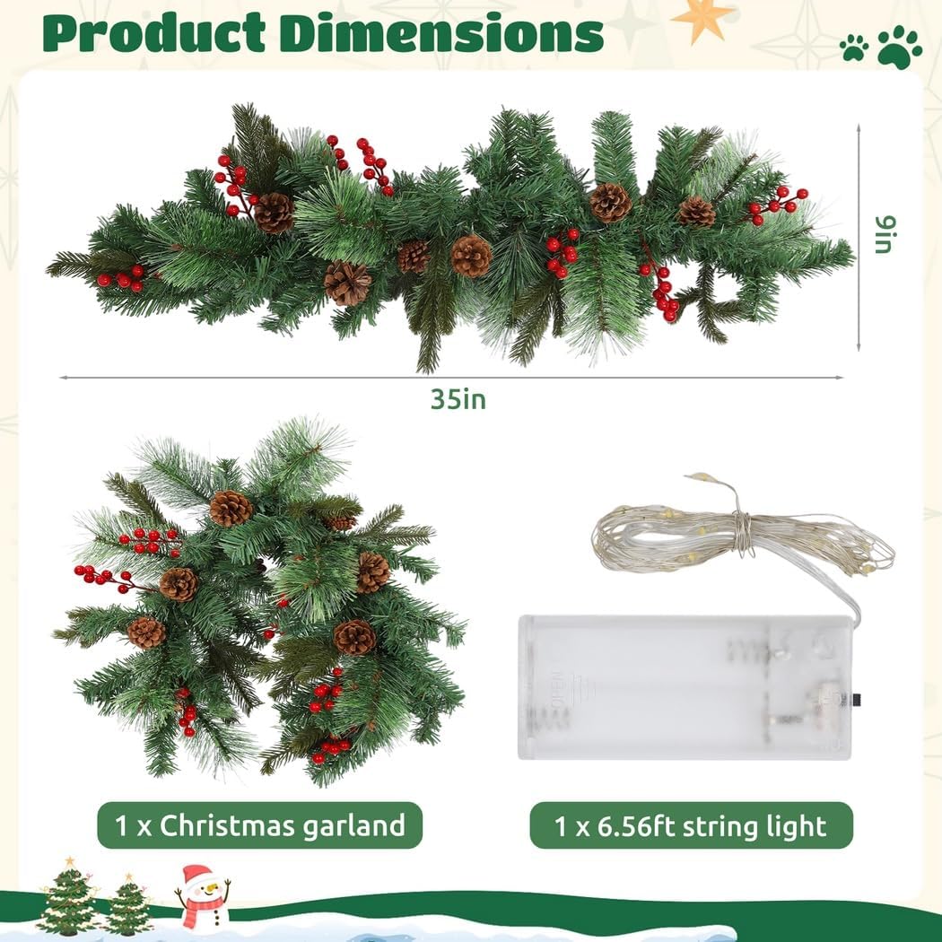 Lighted Pine Cone Mailbox Swag, 35 in Christmas Mailbox Garland with 20 LEDs and 6.56 ft String Light, Red Berry Pine Cone Garland, Winter Swag for Christmas Decor
