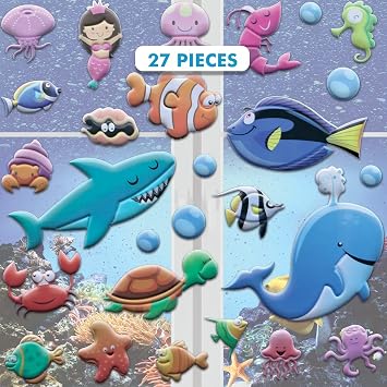 Under the Sea Ocean Window Clings for Kids & Toddlers by Jesplay USA - Reusable Window Stickers Gels & Decals Puffy Sticker Activites for Car Plane Home - Underwater Animals Fish Mermaid Shark