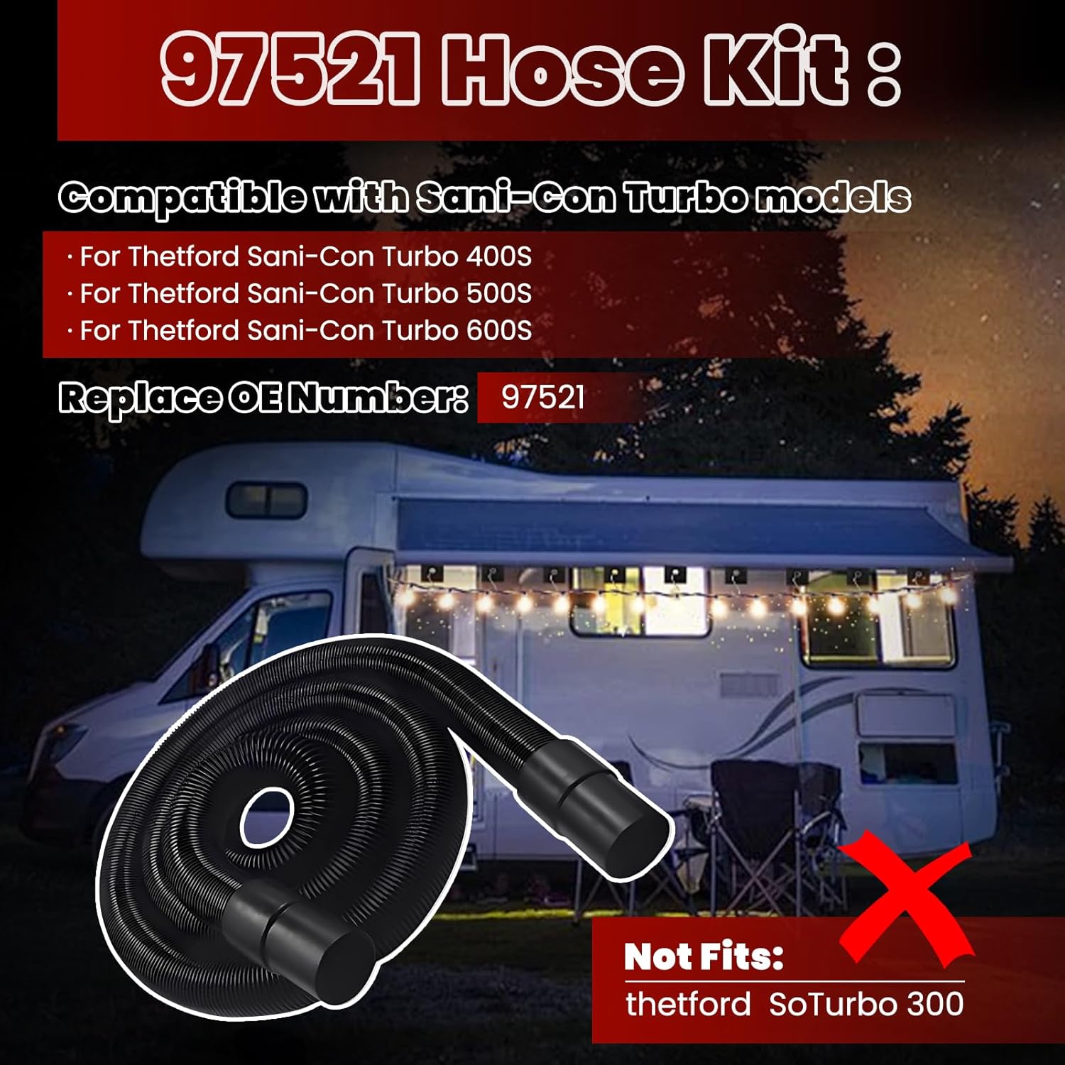 97521 RV Macerator Sewer Hose Kit - 1.5 Inch x 22 Feet for Thetford Sani-Con Turbo 400S 500S 600S 700S - Waste Water Drain Hose with Fittings