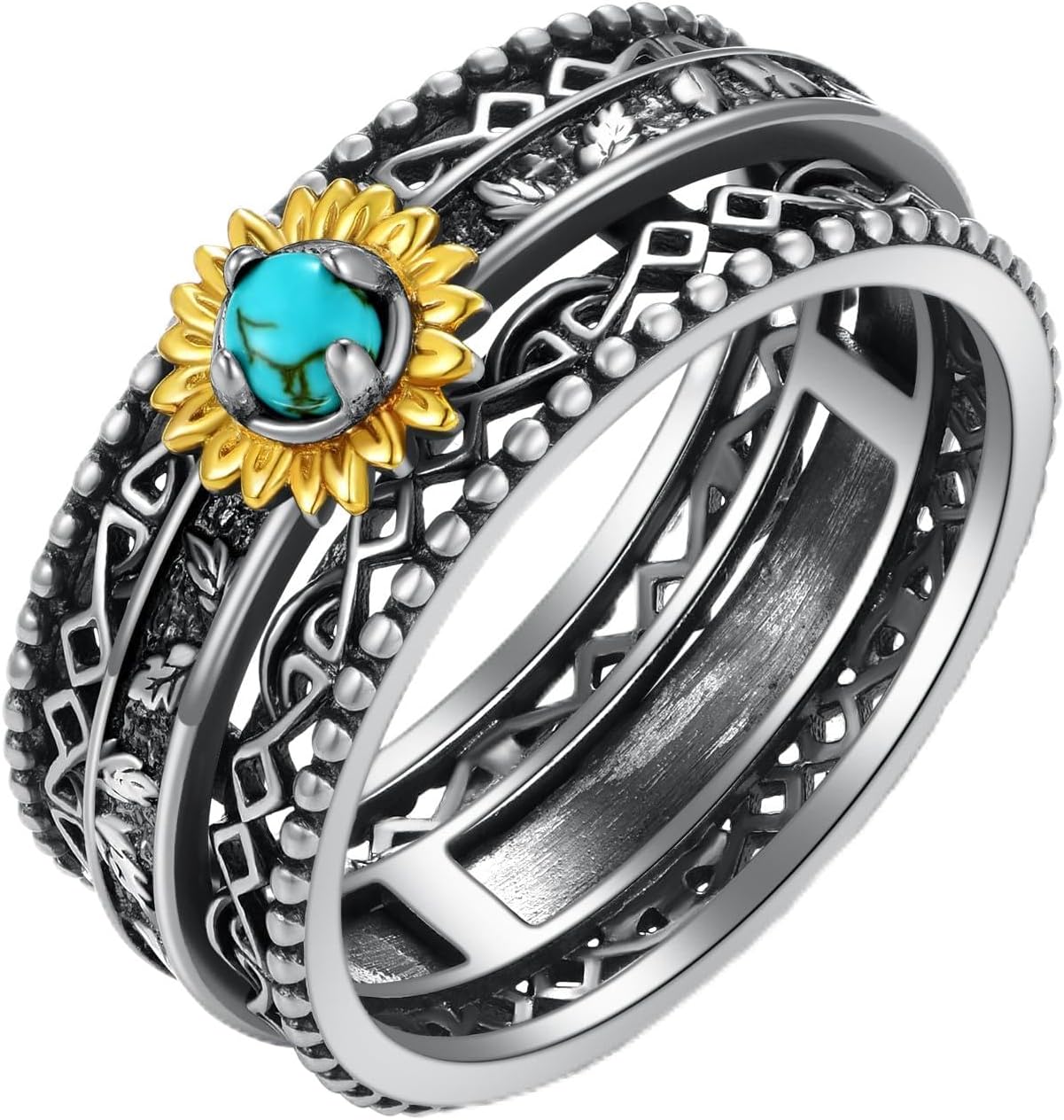 Genuine Turquoise Rings for Women 925 Sterling Silver Sunflower Spinner Ring Fidget Rings for Anxiety Nature Gemstone Turquoise Jewelry for Women