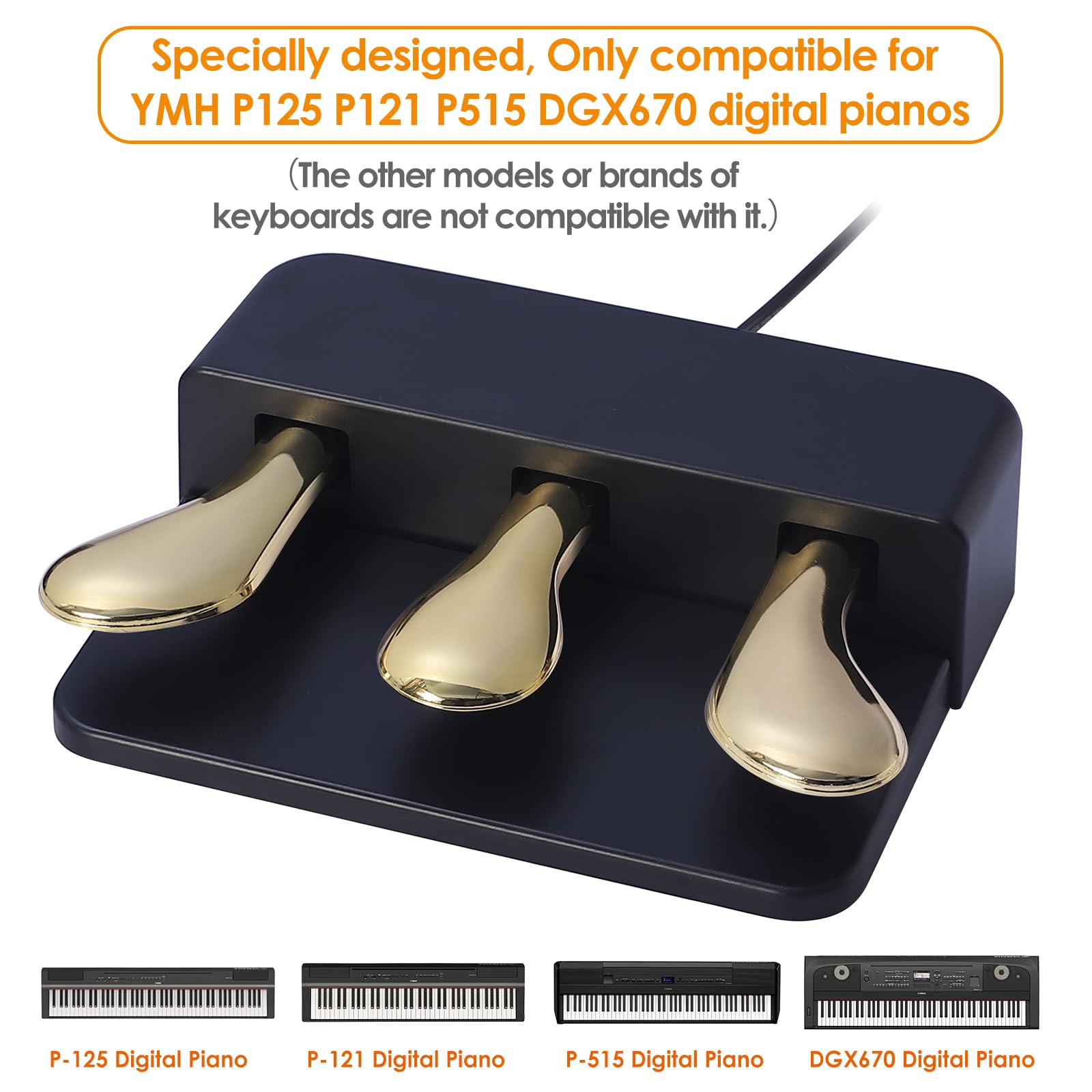Unidad portátil de 3 pedales para teclados de pianos eléctricos, pedal Soft & Sostenuto y Sustain, 3 pedales compatible con teclados de pianos digitales Yamaha P125 P121 P515 DGX670 (negro +