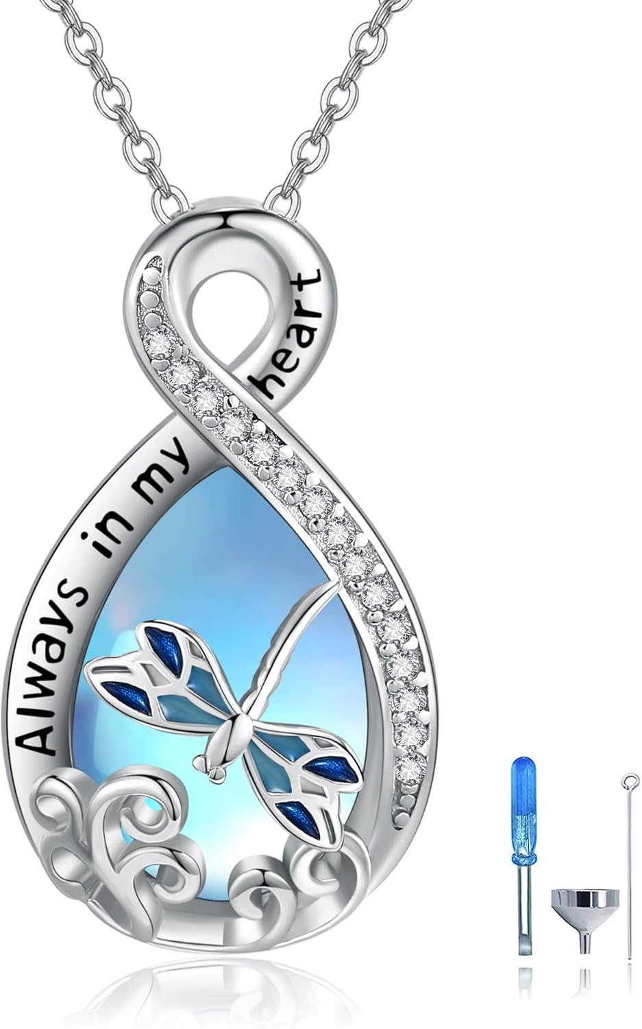 YFN Dragonfly Urn Necklace Sterling Silver Filigree Dragonfly Cremation Memory Jewelry Always in My Heart Infinity Cremation Necklace for Ashes