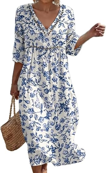 Summer Dresses for Women UK Bohemian 3/4 Sleeve Print Dresses Casual Loose Fit Boho Dress Breathable Comfortable Friendly Elegant Style Holiday Beach Travel Everyday Wear