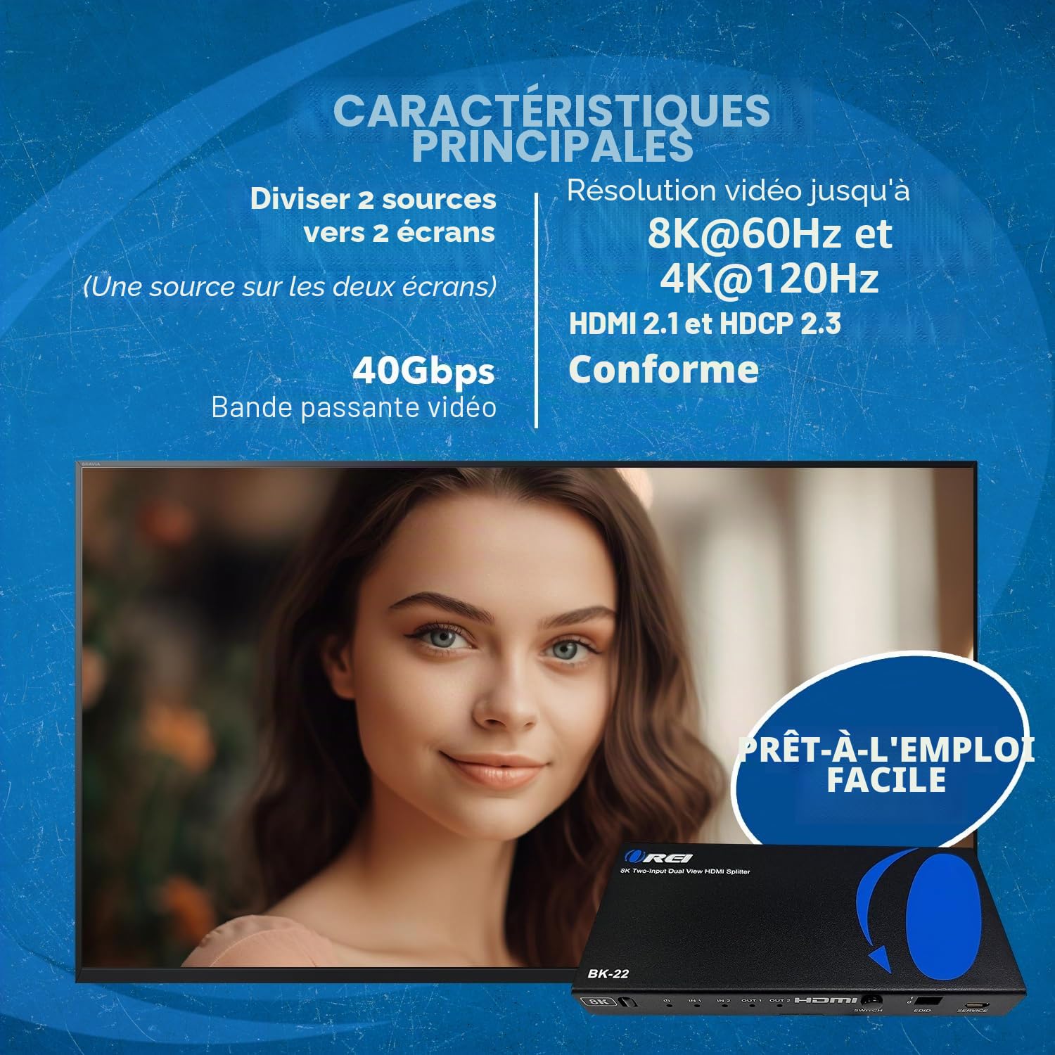 OREI Répartiteur HDMI 8K UltraHD 2 x 2, répartiteur 2 entrées et 2 Sorties Prend en Charge jusqu'à 4K @ 120 Hz, Dolby Vision, HDCP 2.3 Gestion Automatique EDID – (BK-22) n'étend Pas l'écran.