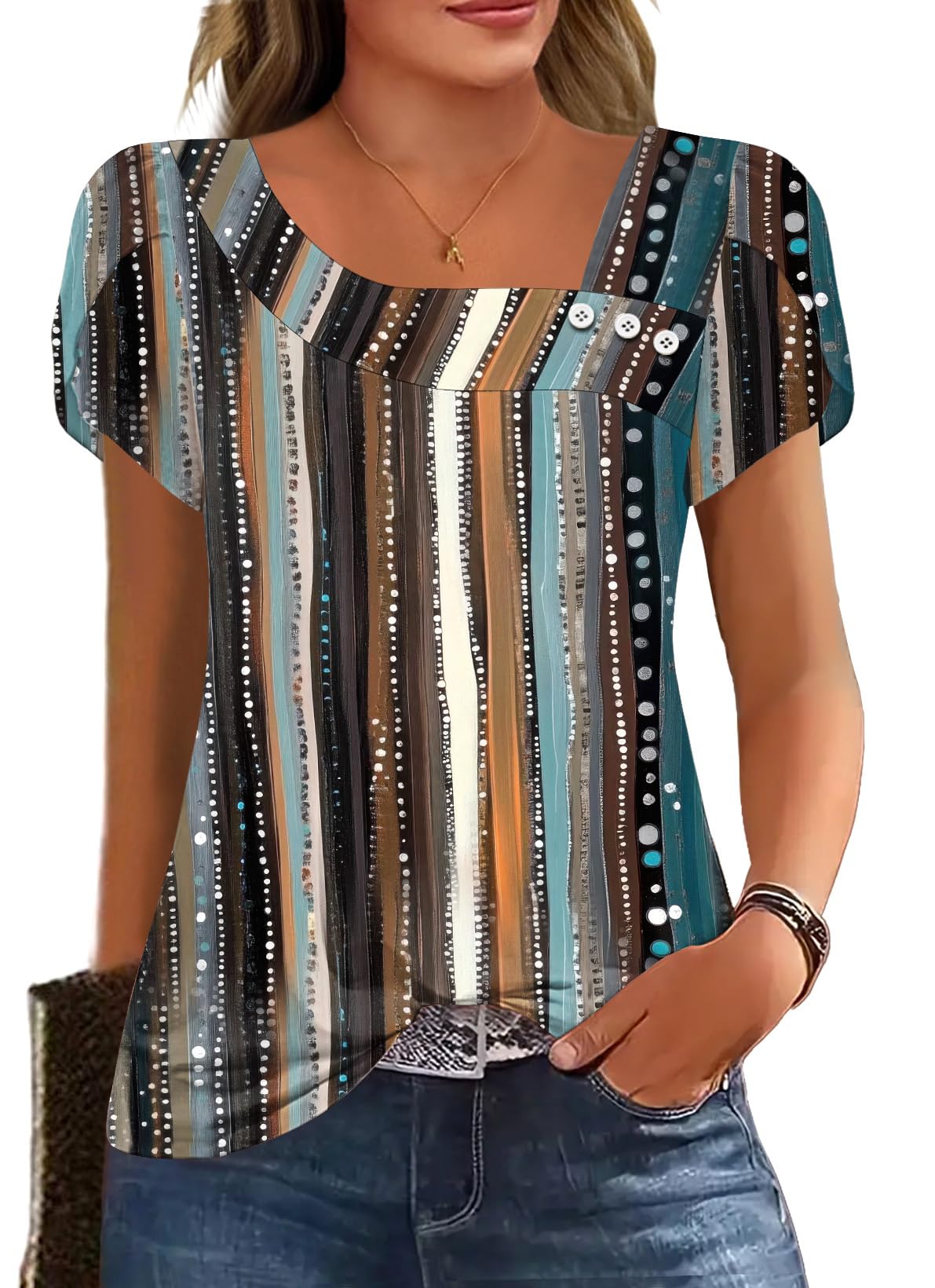 Womens Petal Sleeve Tops Summer Trendy T Shirt Casual Loose Square Neck Button Blouse Tees