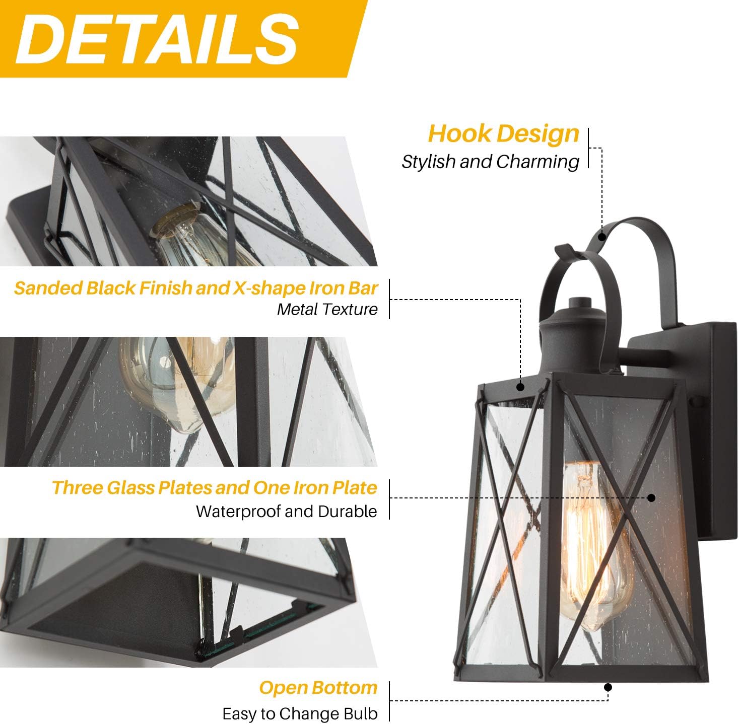 LALUZ Outdoor Wall Lanterns 2 Pack, Porch Lights Exterior Light Fixtures Wall Mount, Matte Black Outside Sconce with Seeded Glass, Waterproof and Anti-Rust Wall Lamps for Doorway, Patio, Yard, Garage