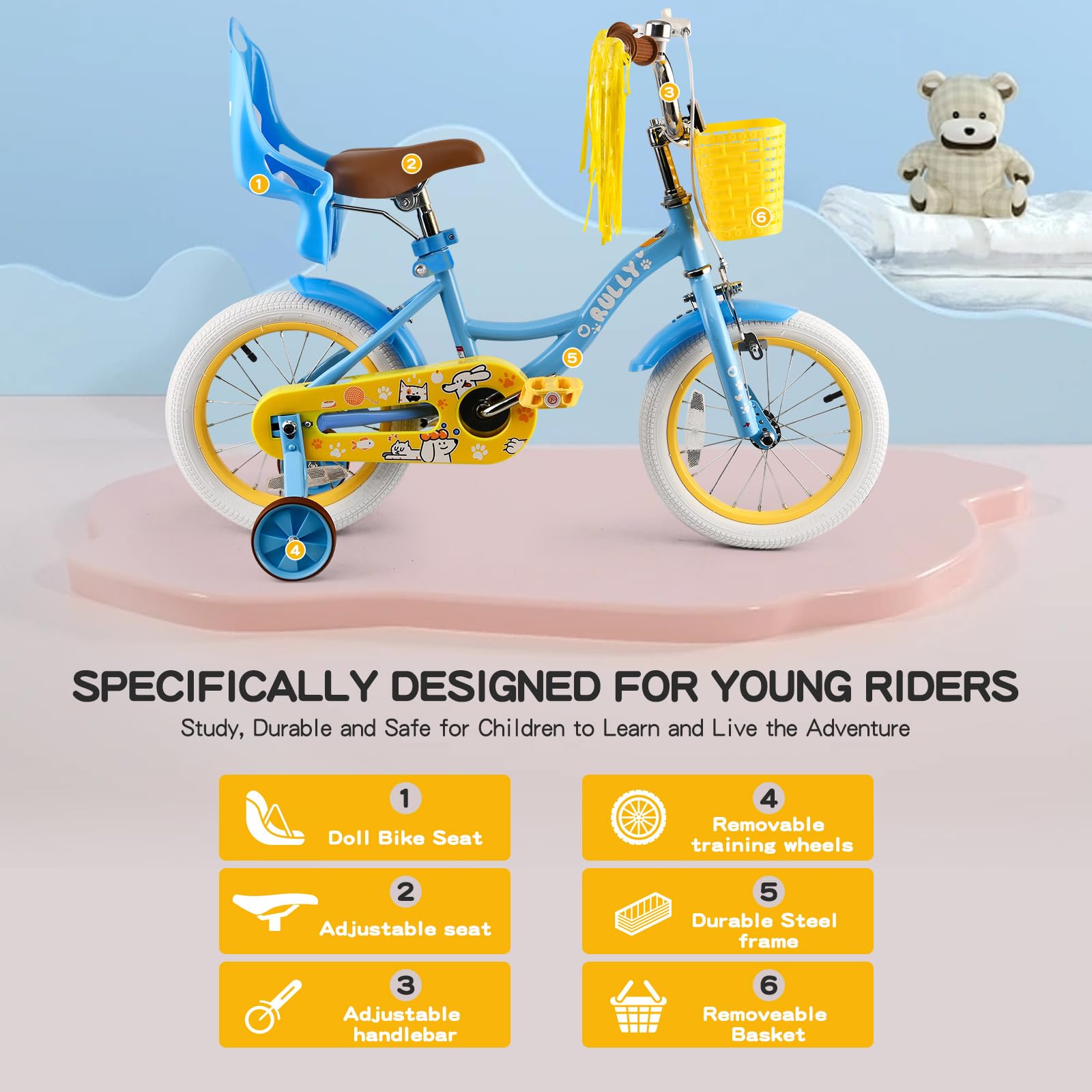 RULLY 12 14 16 Zoll Mädchenfahrrad mit Stützrädern, Korb und Puppensitz – Kinderfahrrad für 2–6 Jahre (Mehrfarbig)