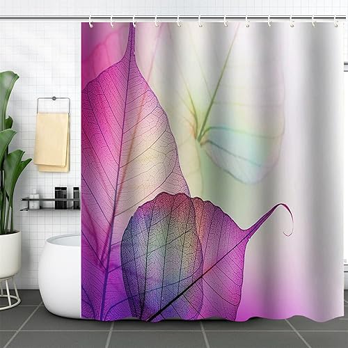 Miniatura 7 de Juego de 4 cortinas de baño de hojas rosas y moradas con cortinas de ducha y alfombras para baño, juego de 4 cortinas de ducha con hojas geométricas