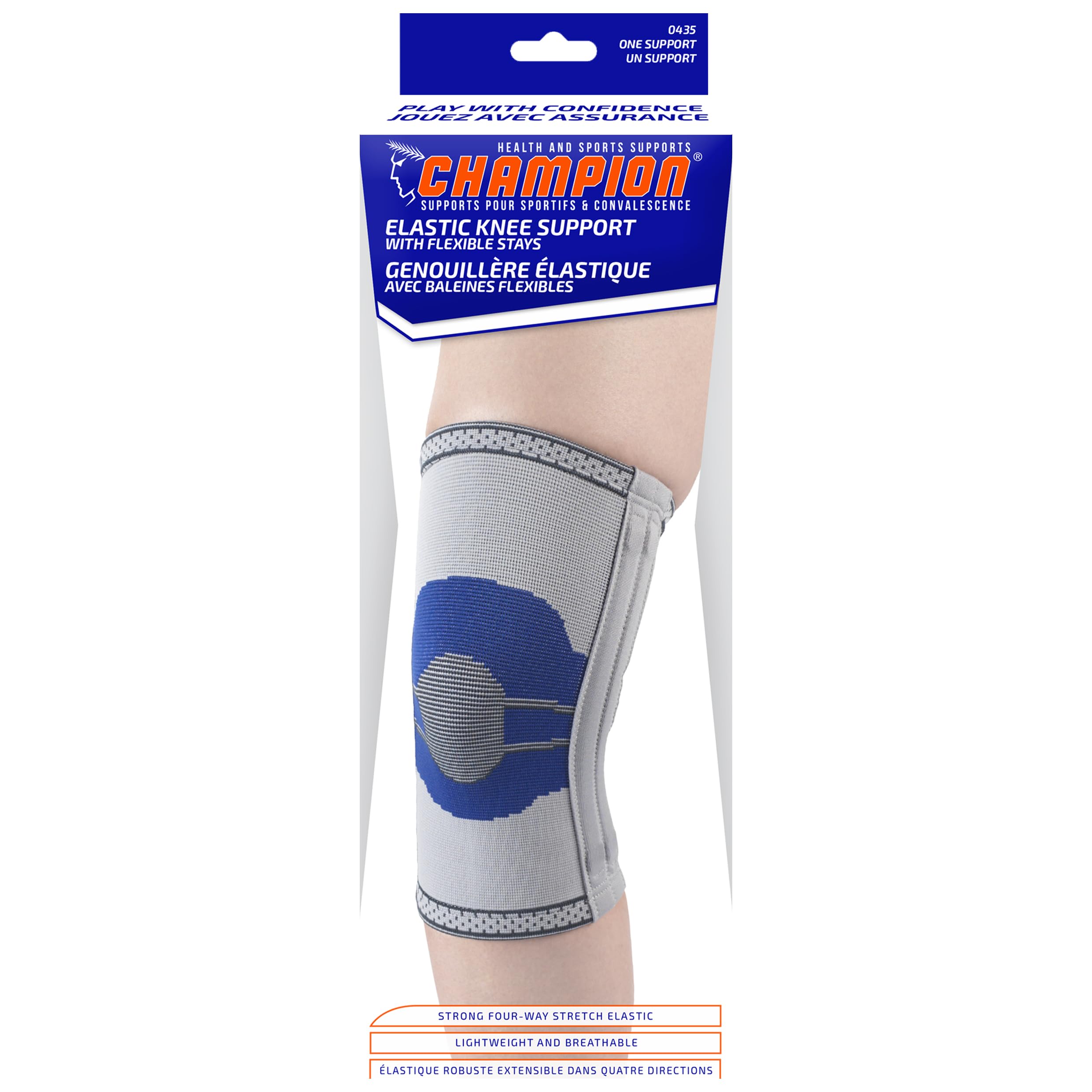 Champion Elastic Knee Support Compression Sleeve, with Flexible Stays, Gray (Side Stays), X-Large