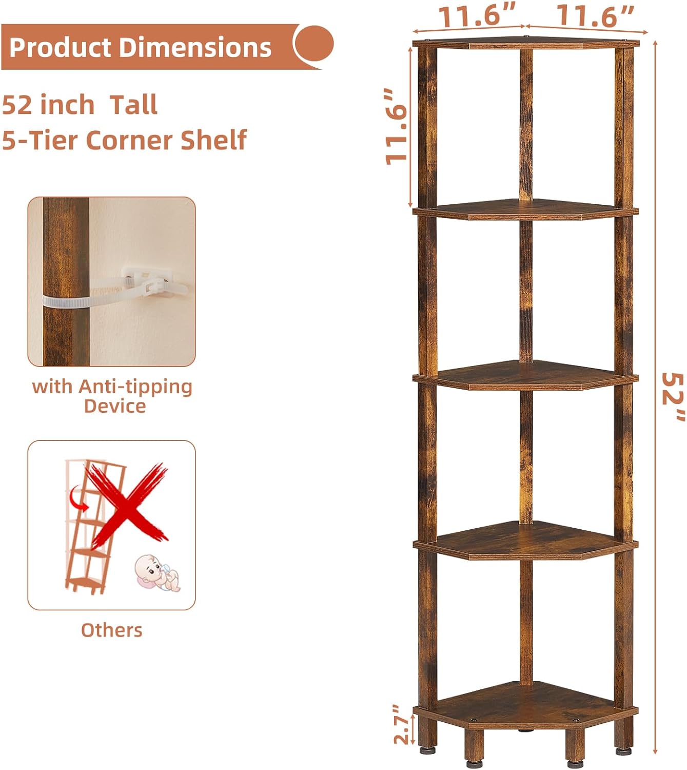 5-Tier Corner Shelf with Sturdy 5-Leg Base, 52in Tall Narrow Bookcase for Small Spaces, Wooden Plant Display Shelf, Thin Bookshelf for Living Room, Bedroom, Office, Brown