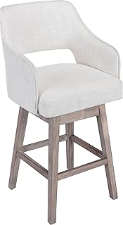 28" Bar Stool with Back for Kitchen Island Swivel Counter Stools Upholstered Linen Fabric Barstools Wood Leg, Single Stool for Breakfast Bar/Patio/Dining, Cream