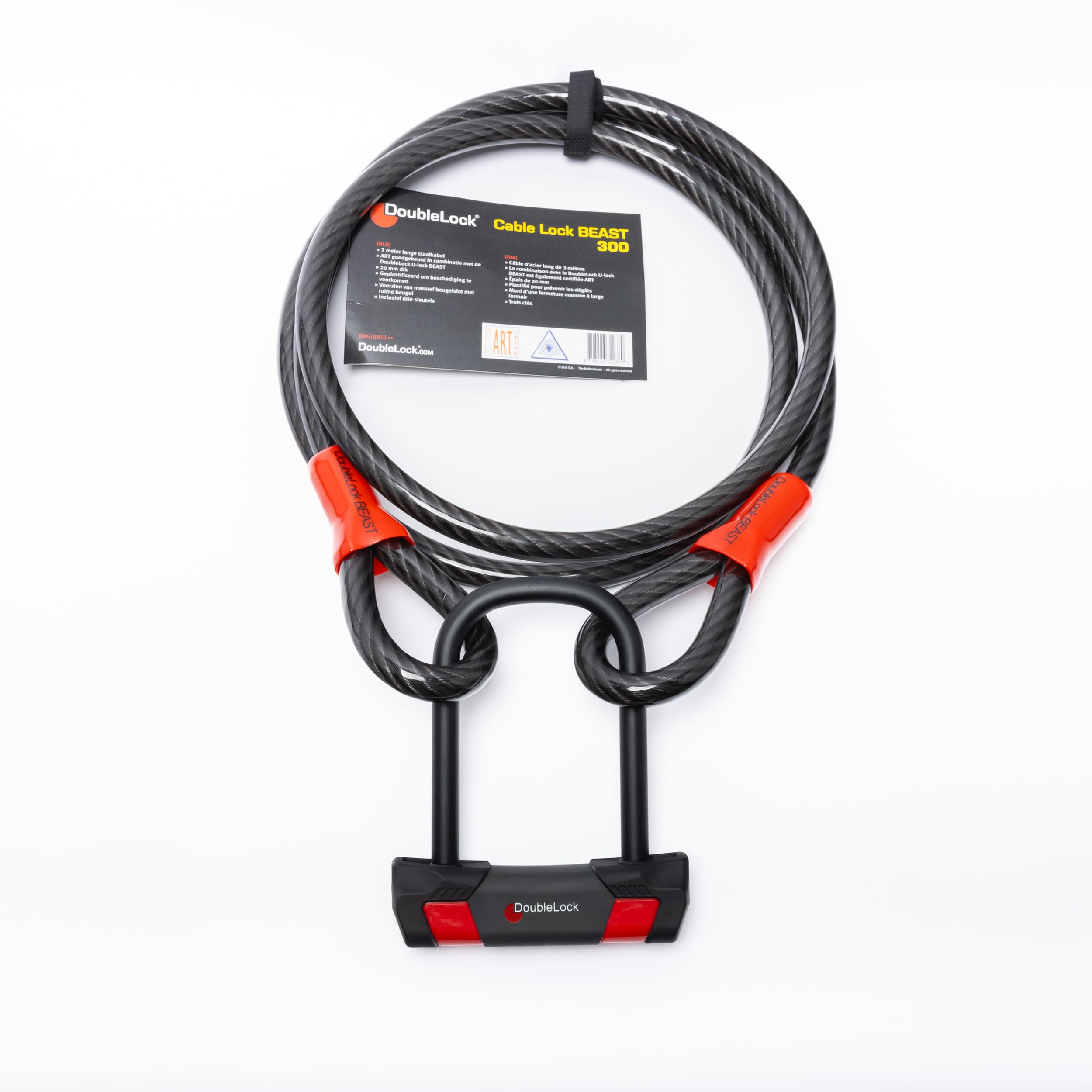 DoubleLock - Lucchetto a cavo - BEAST 300 ART - Lucchetto di sicurezza - Chiusura per uso pesante - Si blocca in cinque secondi - Nero - Cavo in acciaio approvato ART - 300 cm