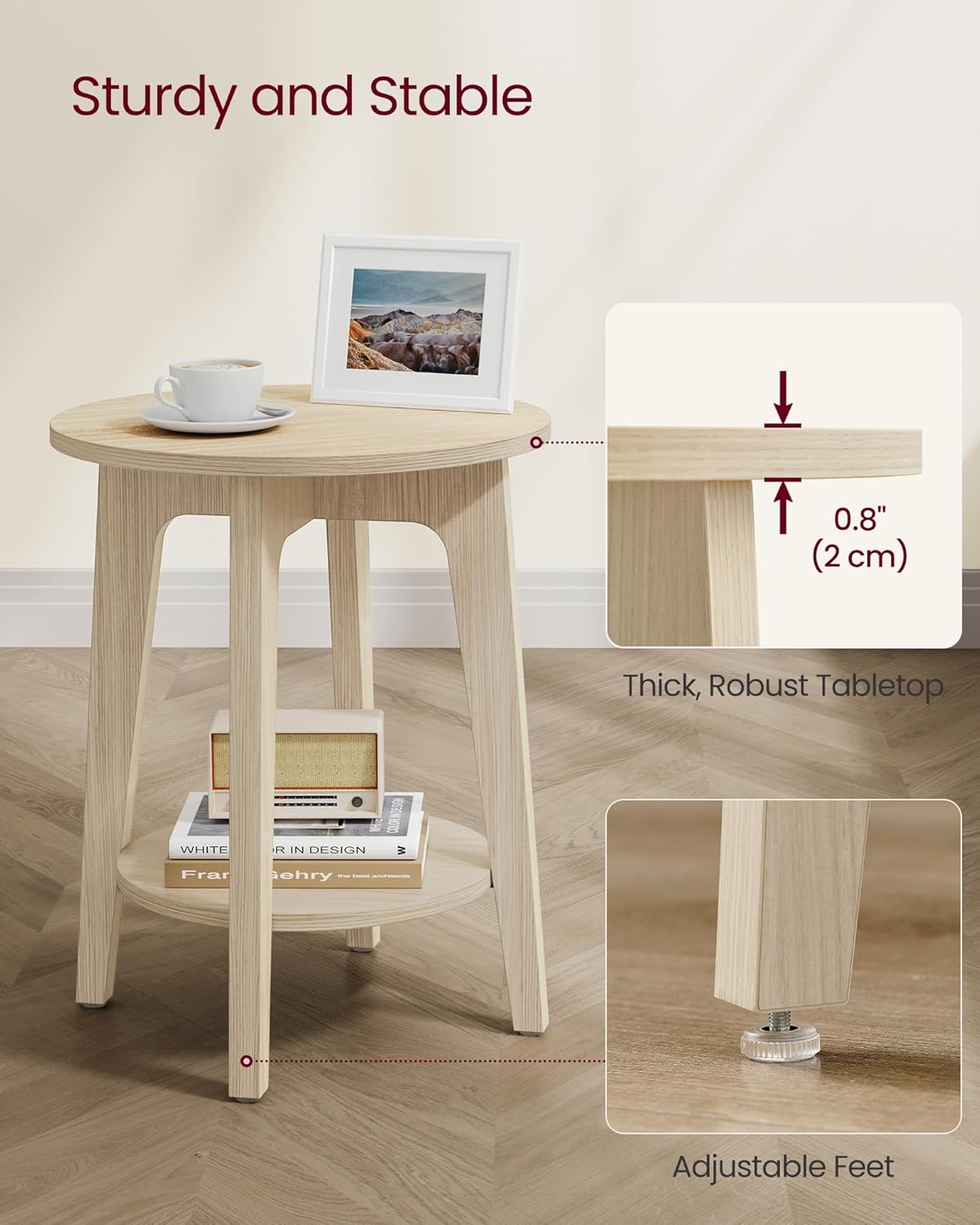 VASAGLE MAEZO Collection - Side Table, 2-Tier Small Round End Table, Nightstand with Tapered Legs, Curved Transitions, for Small Spaces, Living Room, Bedroom, Natural Beige ULET283N01
