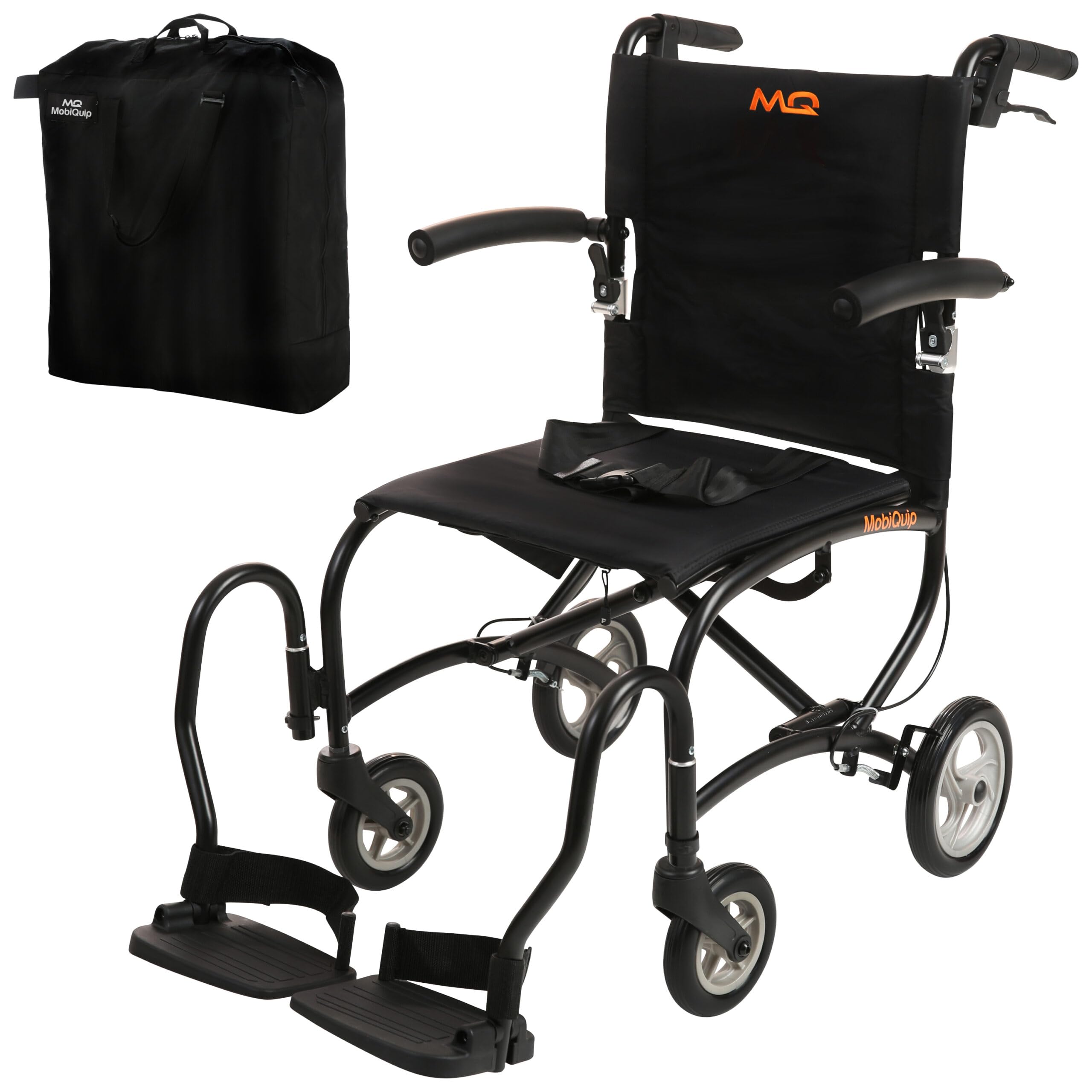 MobiQuip 8kg Travel Wheelchair, Ultra Lightweight, Compact, Folding Wheel Chair, Attendant-Propelled, Light Aluminium Frame, Portable Transit Mobility Wheelchair with Carry Bag