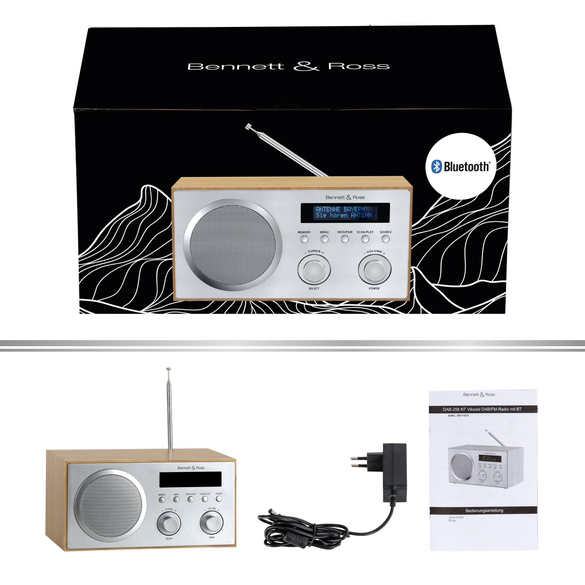 Bennett & Ross DAB-258 NT Vikedal DAB+/FM Digitalradio - Bluetooth Streaming vom Smartphone - USB MP3 Player und AUX - Dual Wecker mit Snooze und Sleep-Timer - LCD-Display - Natur
