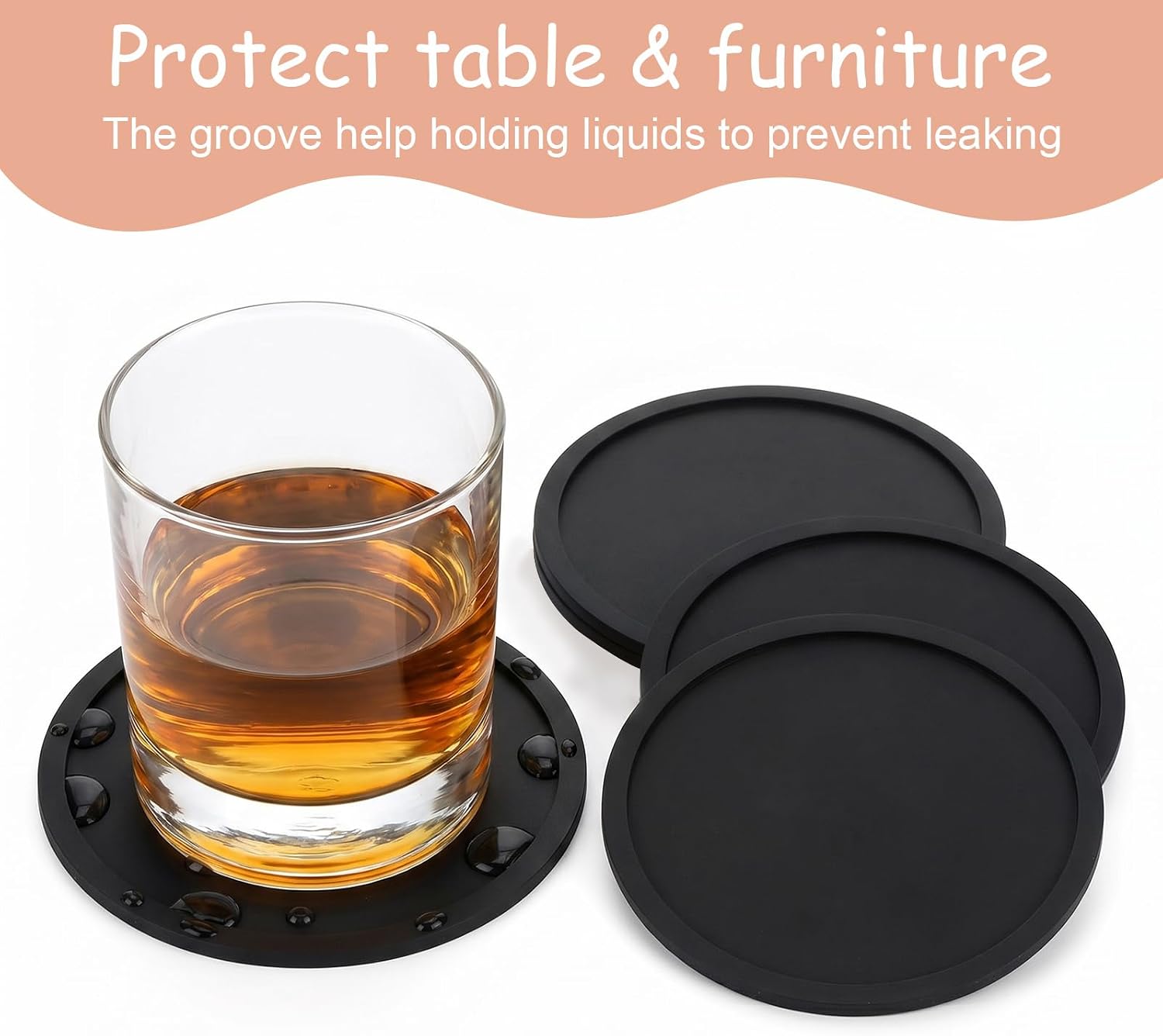 cobee Black Coasters Set of 4, Round Silicone Coasters with Grooved