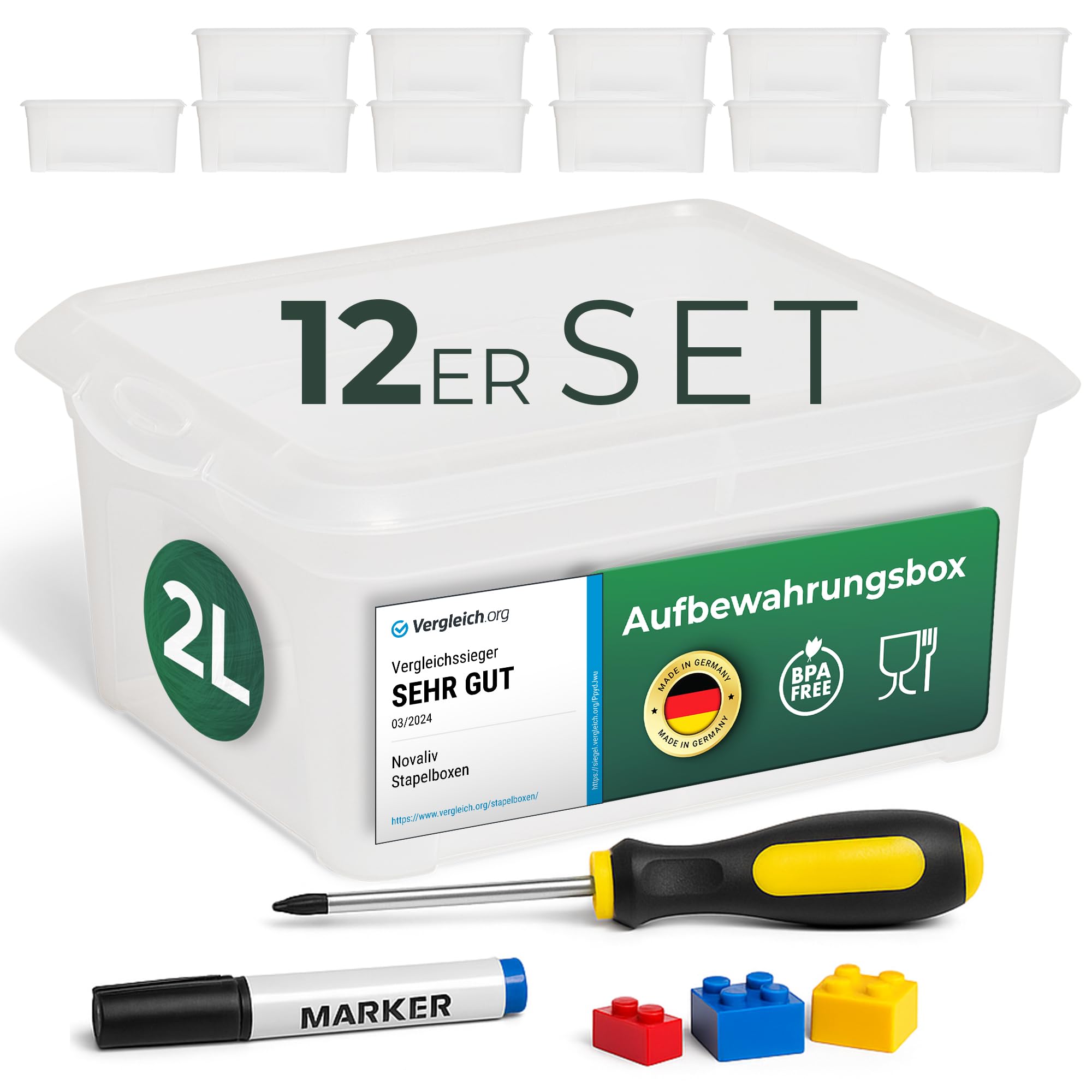 Novaliv 12x Aufbewahrungsboxen mit Deckel klein 2 L transparente Nestbar stapelbare Plastikboxen mit Clipverschluss Kunststoff BPA-frei 20x16,5x9 cm