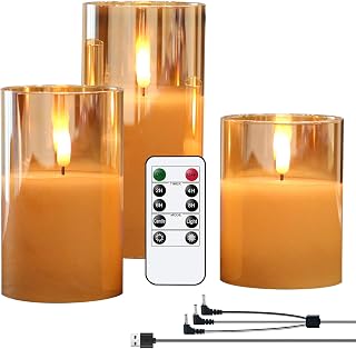 Rechargeable Glass LED Flameless Candle Battery Operated Remote Timer Gold | 3D Wick Flicker Flame, Pillar Candles, Real Wax, Charging Cable, 2/4/6/8H Timer, Christmas Home Decor, 3×4, 5, 6in, 3 Pack