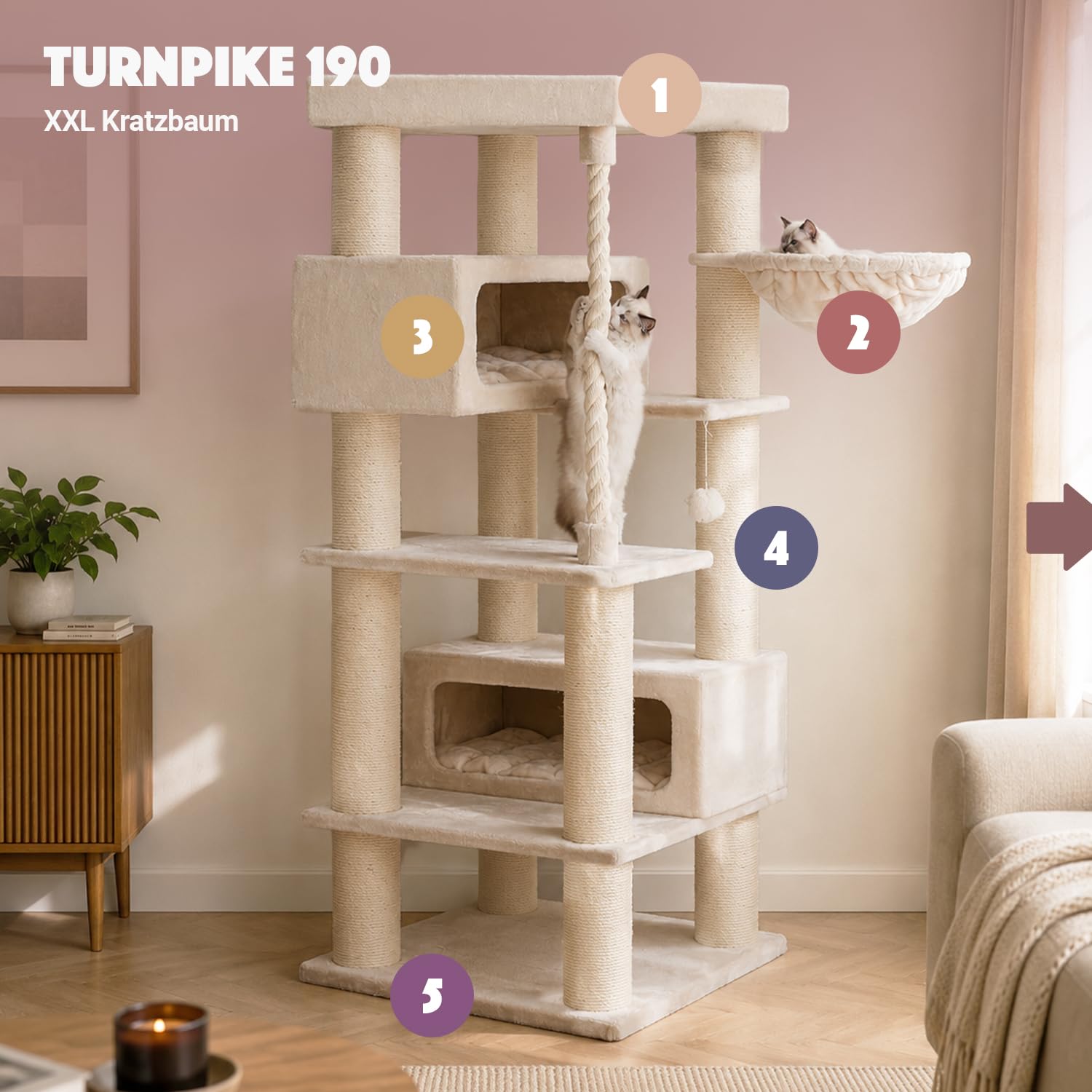 Petrebels Arbre à Chat Geant XXL Turnpike 190 Beige/Crème, 76 x 76 x 190 cm, avec poteaux de 15 cm de diamètre, Arbre à Chat pour Grands Chats