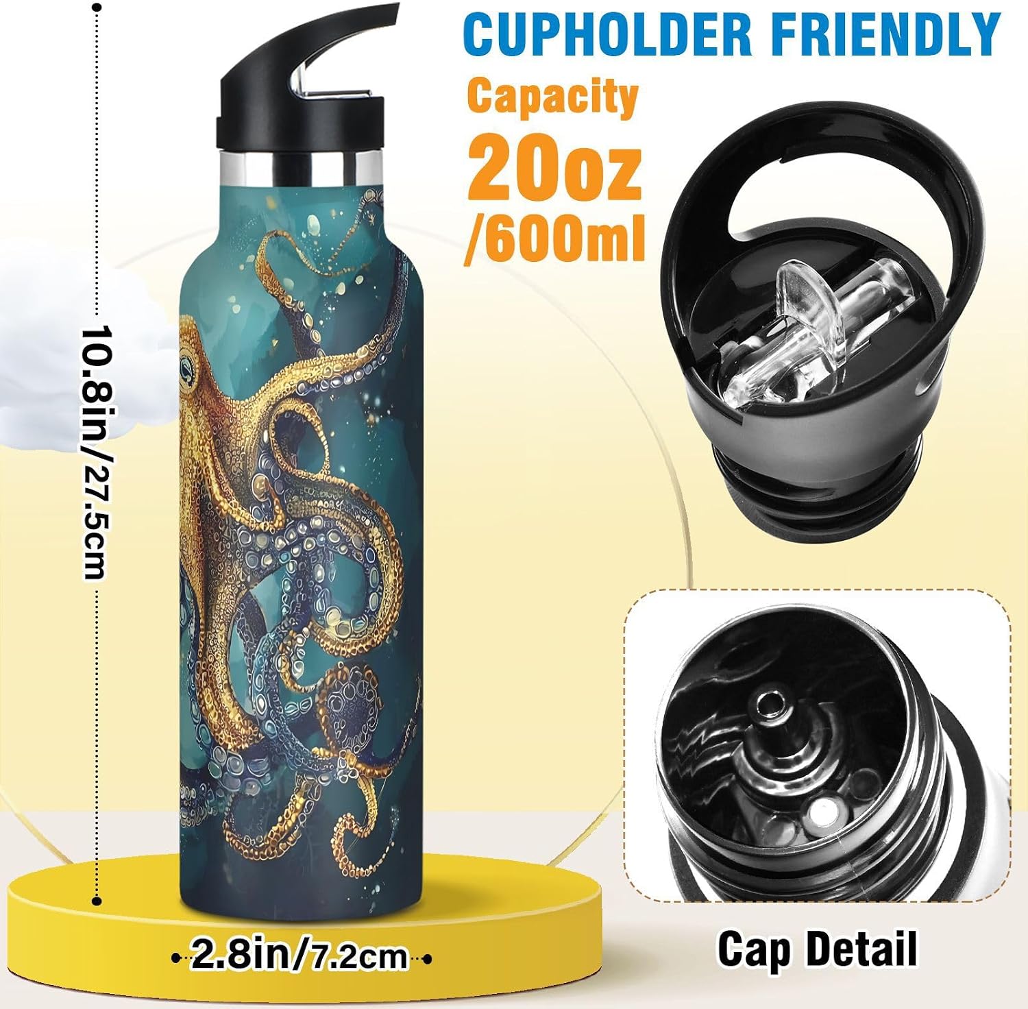 Water Bottles for Kids Yellow Cuttlefish Gracefully Swimming Leakproof Insulated Flask Jug Insulated Stainless Steel Travel Mugs Thermos Bottle Cups with Straw Lid for Sport 600ml