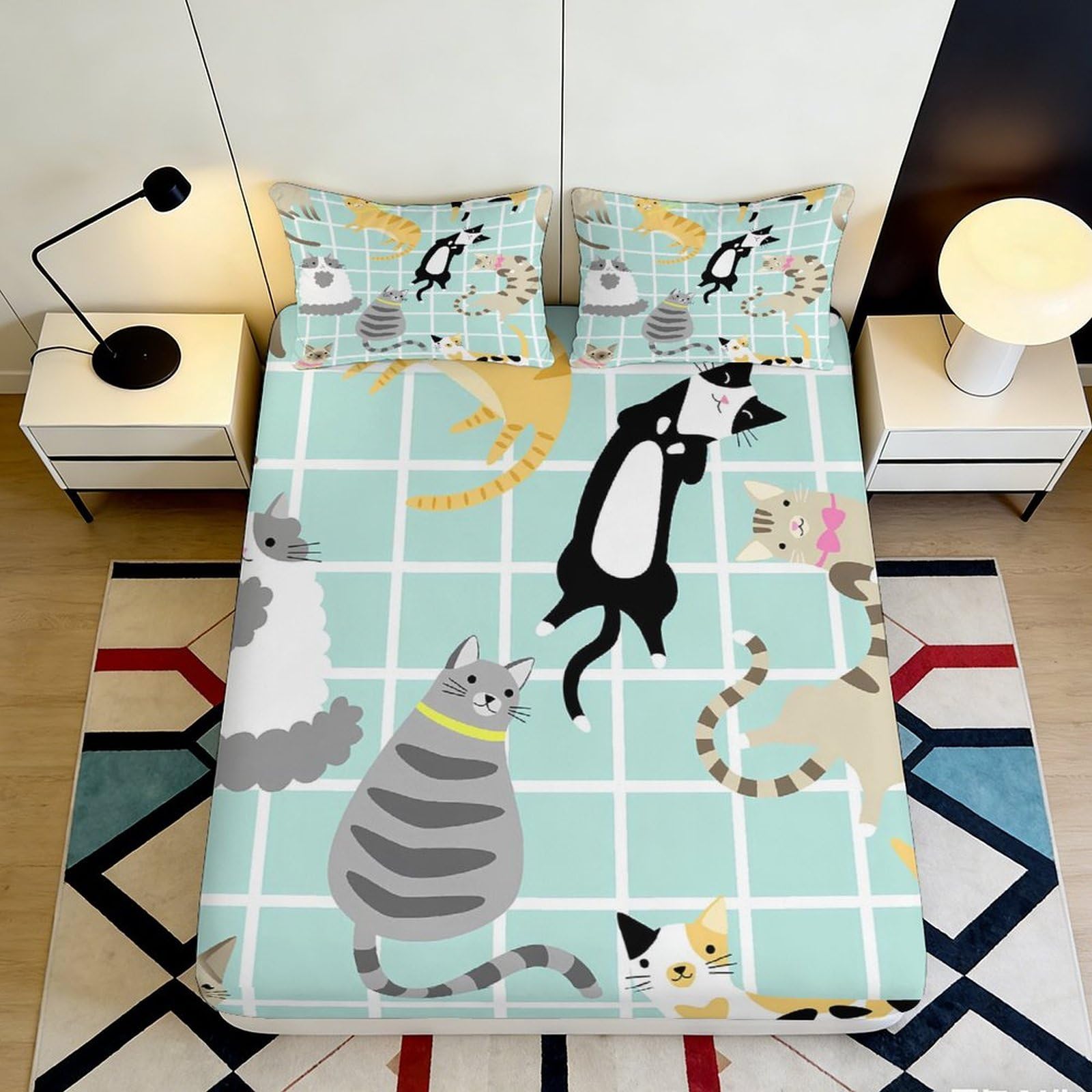 3D Printed Cartoon Cat Fitted Sheet Microfiber Deep Pocket Elastic Hem Bedroom Bedding Cat Mattress Fitted Cover Washable for Home 180x200x25cm