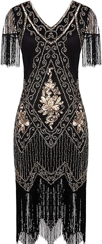 MISSCHEN Vestido de lentejuelas con flecos Art Deco de los años 20 para mujer, vestido de disfraz de Gatsby con manga YLS018