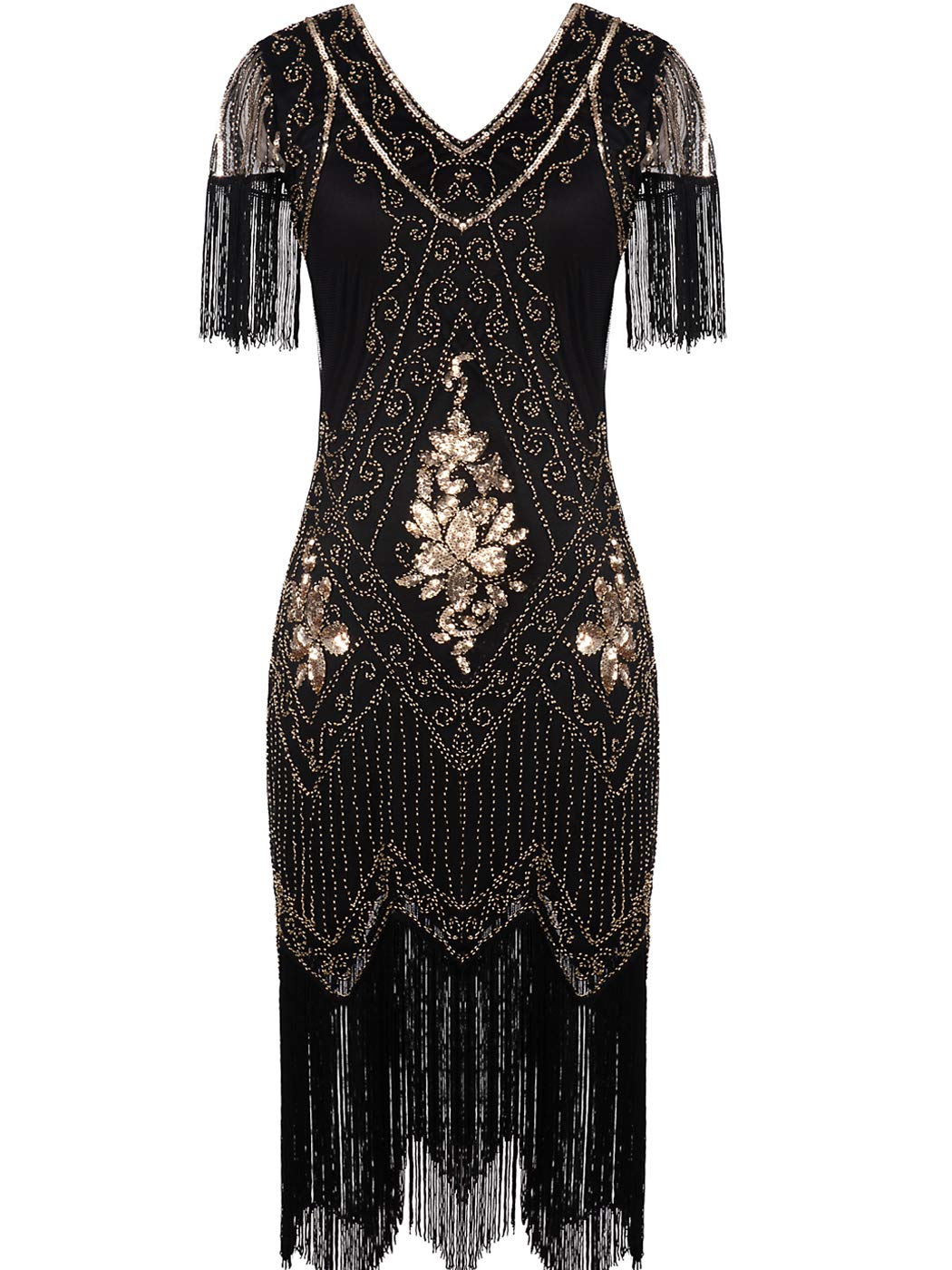 Misschen Women's Black Gold 1920 Dresses Great Gatsby Dress Themed Roaring 20S Dresses Flapper Dress With Sleeve Yls018 S
