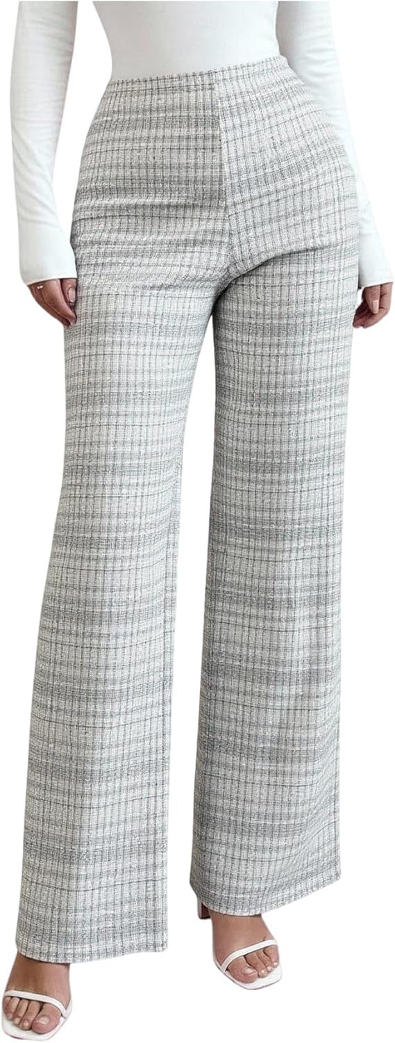 Women's Elegant Plaid Tweed Pants Vintage High Waisted Straight Leg Fall Business Casual Trousers
