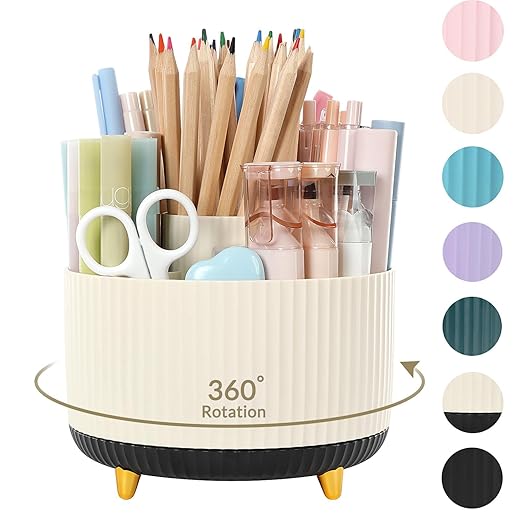 SKYDUE 360 Rotating Organizer, Dual-Purpose Pencil Pen Holder, 5-Slot Rotating Pencil Cup for Office, School, Home (Beige-Black)