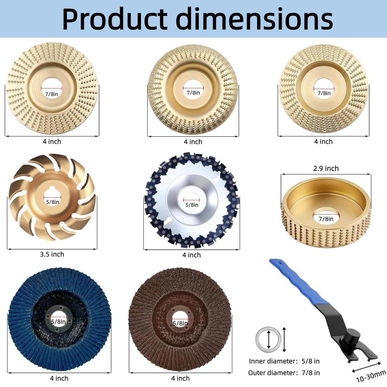 14PCS Wood Carving Disc Set for 4" & 4-1/2" Angle Grinder, Stump Grinder Tool with Flap Sanding Wheels, 5/8" Adapter Rings for Cutting, Shaping, Grinding & Polishing Wood