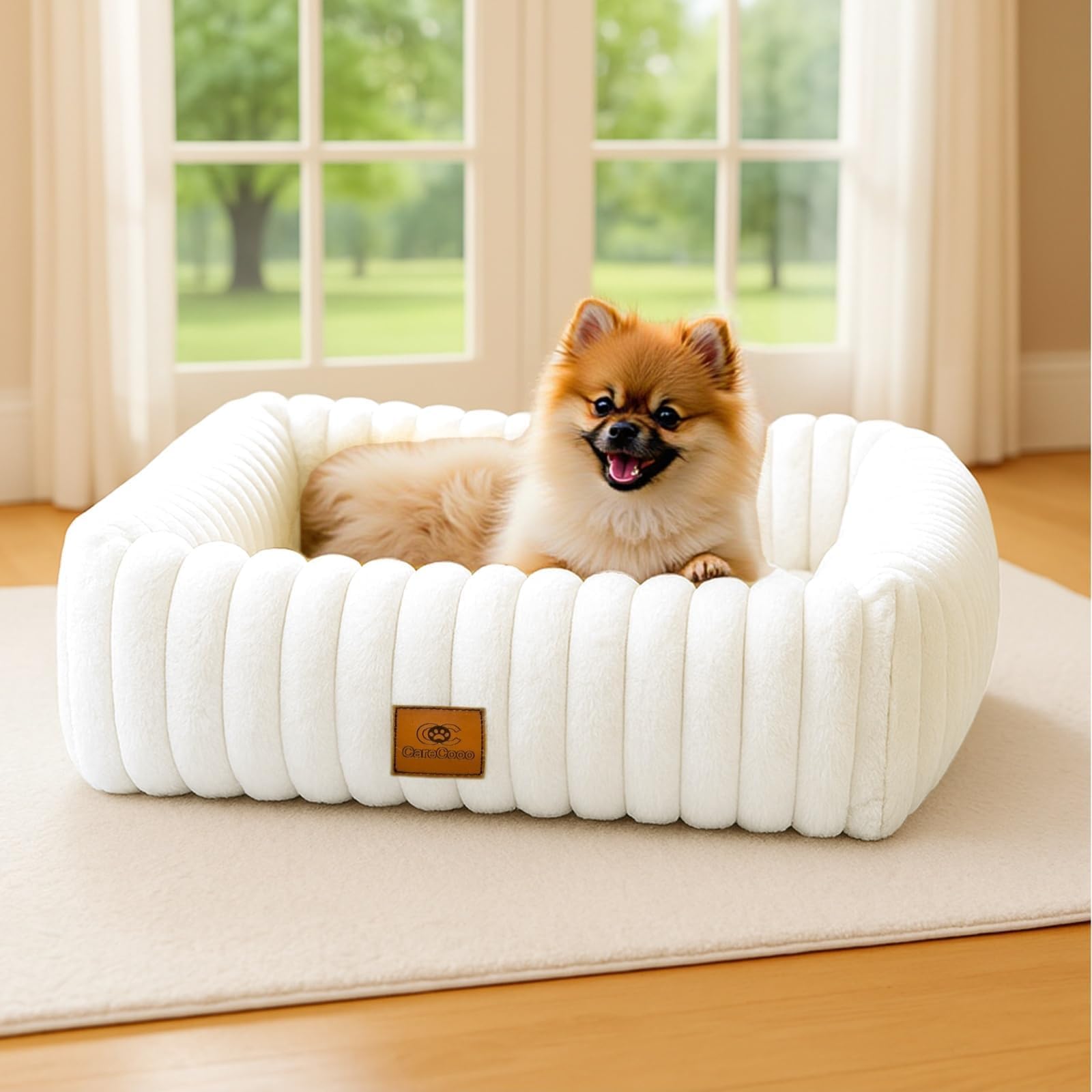 CareCooo Hundebett Kleine Hunde & Katzen Waschbar - Flauschiges Hundekörbchen mit Abnehmbarem Bezug - Rutschfestes Hundekissen & Welpenbett, Weiches Kunstfell, Rechteckig, Weiß, Größe S (50x48x15cm)