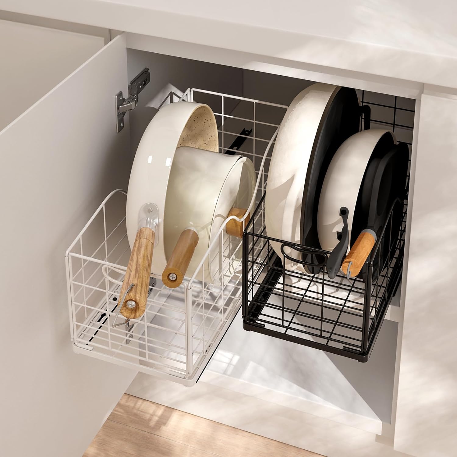 Narrow Cabinet Organizer,Carbon Steel Pull Out Cabinet Organizer,Fixed Heavy Duty Kitchen Cabinet Slide Out Shelves for Storing and Organizing Bathrooms, Kitchens, Bedroom (Black, Deep 16.7")