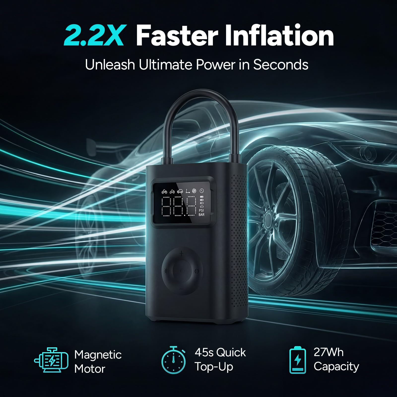 Mijia Portable Electric Air Compressor 2Pro, przenośna elektryczna pompka powietrza z szybkim ładowaniem 45 s, wysokie ciśnienie 150 psi, akumulator 2500 mAh, światło awaryjne LED, do samochodu