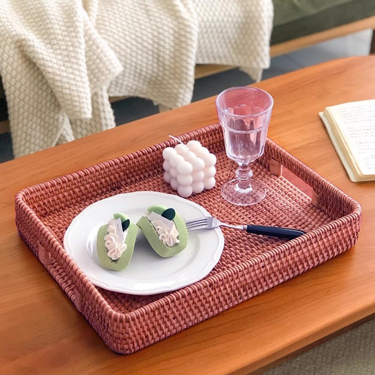 i-lan 17 Inch Oversize Handwoven Dark Brown Rattan Rectangular Serving Tray with Cutout Handles, 2.3” High Wall Decorative Woven Rattan Storage Baskets Organizer Platter for Bread, Fruits - Image 6