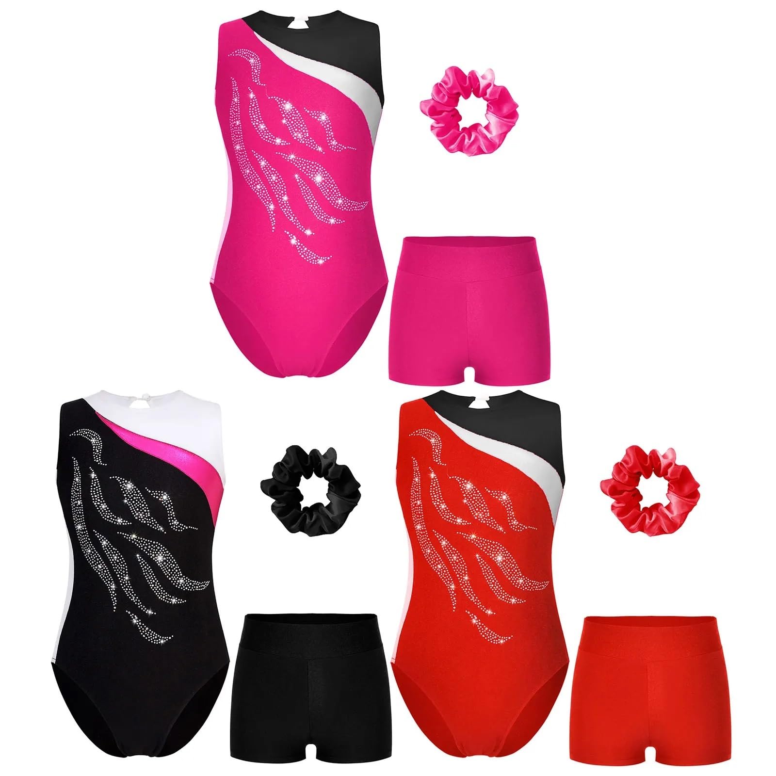 Maillot Gimnasia Ritmica Niña Conjunto de Ropa de Baile de Ballet for niñas, Leotardo de Gimnasia sin Mangas, Leotardo de Patinaje con Parches y Calzoncillos Tipo bóxer(Rose,8Y)