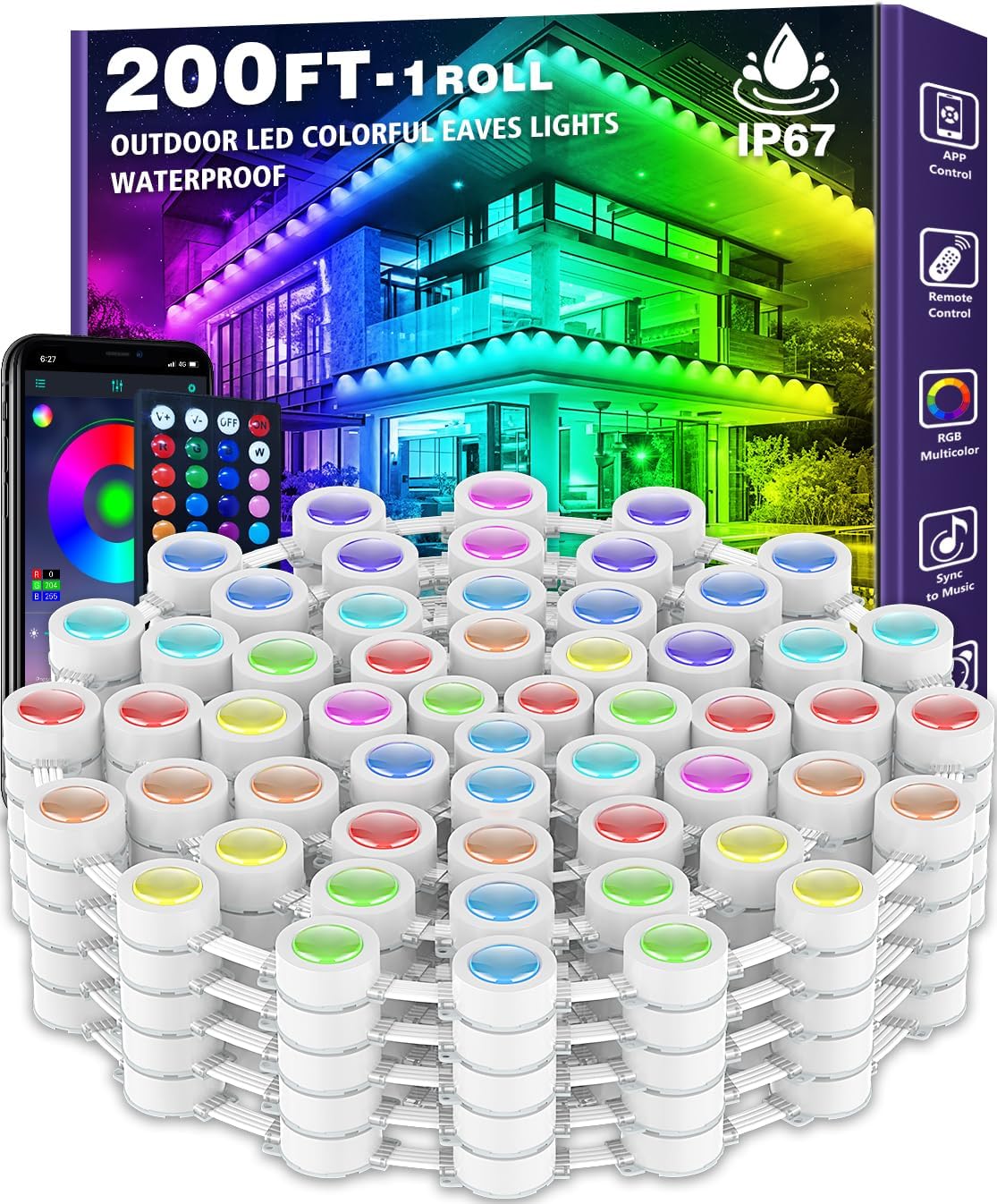 SINLEY 200FT RGB Eaves Lights with App Control, DIY Scene Modes, IP67 Waterproof, Outdoor Under Eave Lighting, Garden Decor, Party, Holiday