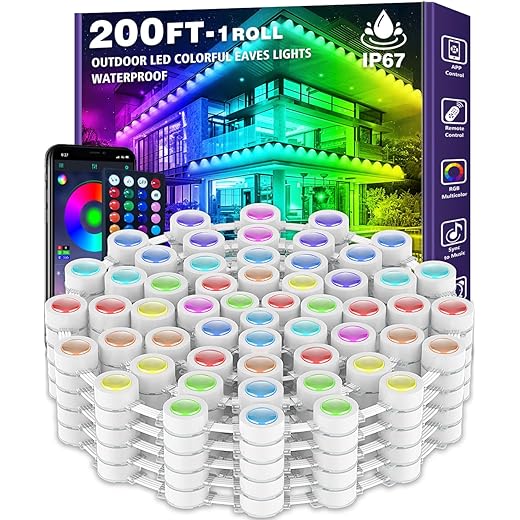 200FT Permanent Outdoor RGB Lights,IP67 Waterproof Smart LED Eaves Lights with App/Remote Control,for Christmas and All Holiday Decor,Daily and Accent Lighting,House Roof and Garden Lighting