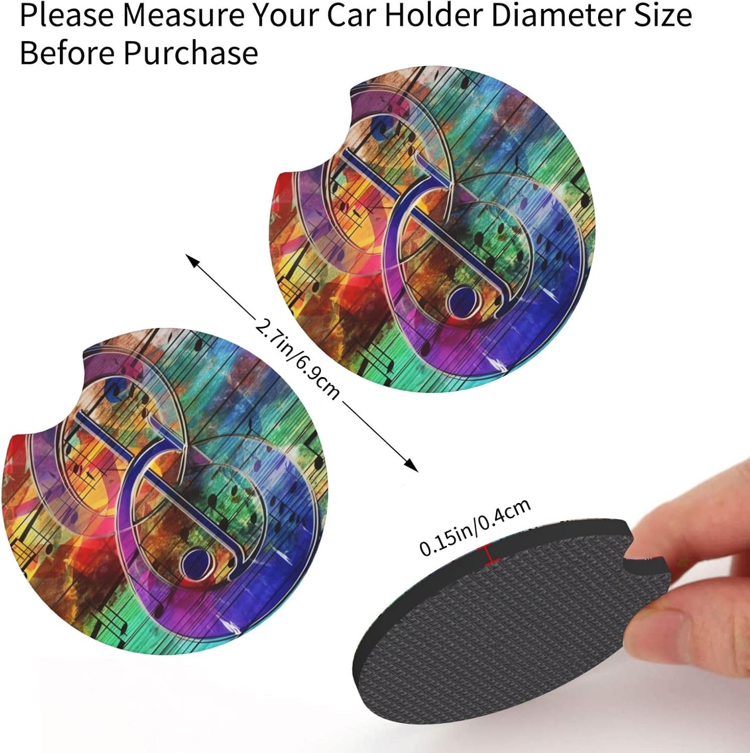 Car Coasters 2 Pack Music Note Colorful Wooden Car Cup Holder Coasters Absorbent Insert Cup Pads with A Finger Notch Non-Slip Drink Coasters Mats Universal Car Interior Accessories for Most Vehicle image 2