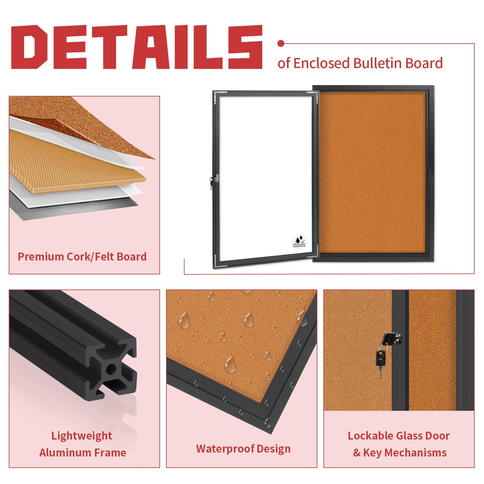 Tablón de anuncios cerrado, tablero de anuncios de corcho resistente a la intemperie con puerta de bloqueo, marco de aluminio negro montado en la pared, tablero de mensajes para oficina y hogar, 36 x