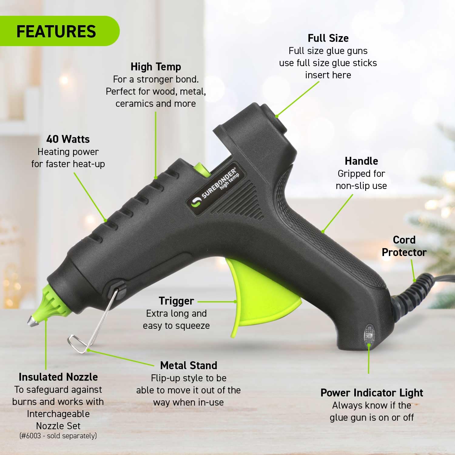 Surebonder - Pistola per colla a caldo, formato intero, 40 W, alta temperatura, kit pistola per colla con 20 bastoncini di colla