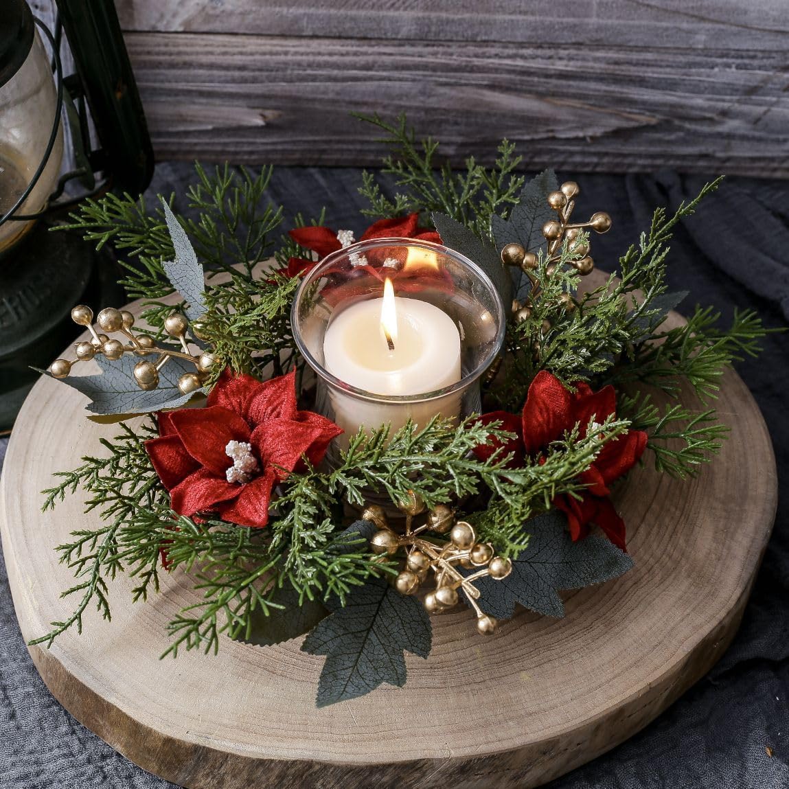2 Pcs Artificial Pumpkins Maple Leaves and Berries Pine Cone Candle Rings Fall Candle Holders Small Wreath 3" Center for Farmhouse Thanksgiving Halloween Centerpiece Table Decor (Green 01)