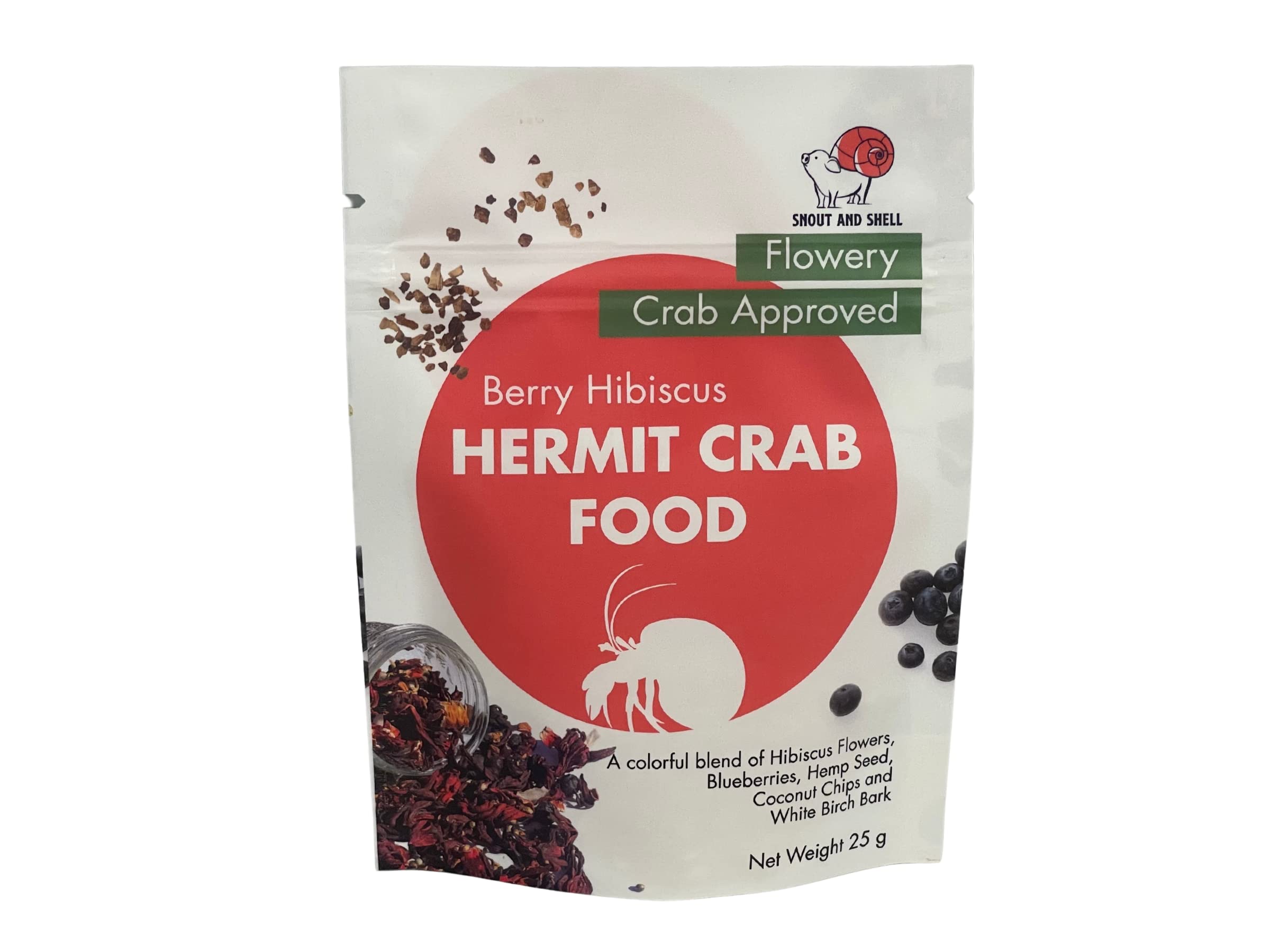 Snout and Shell Berry Hibiscus Hermit Crab Food - Colorful Blend Diet of Hibiscus Flowers, Blueberries, Hemp Seed, Coconut Chips & White Birch Bark - Aquatic Pet Animal Snack Treat | 25g, Multi