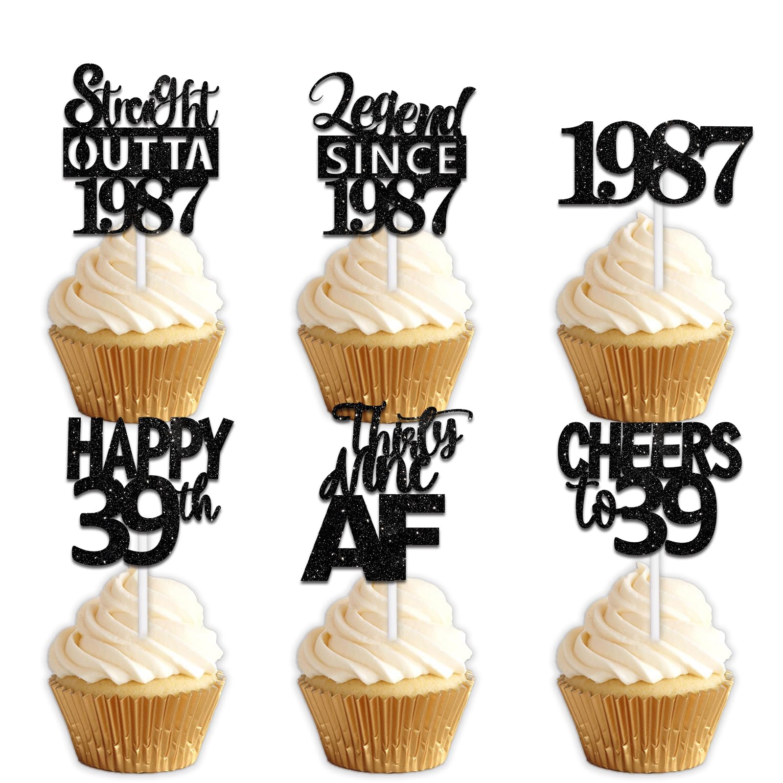 30pcs Black Glitter Dessert Cupcake Pick for Straight Outta 1987 Legend Since 1987 Theme Decor Supplies Men Boys Happy 39th Birthday Party Decoration
